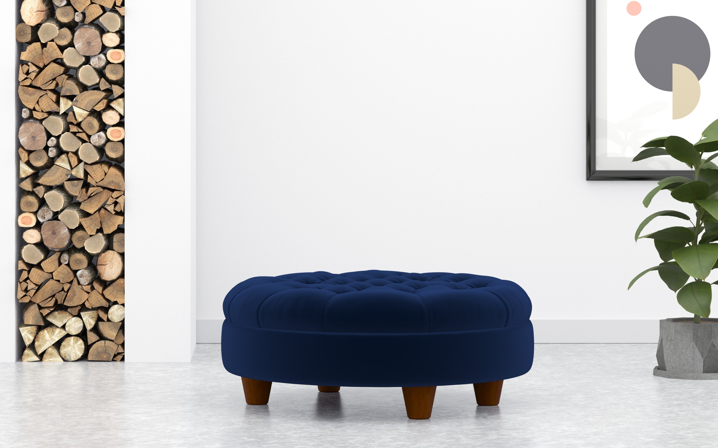 Round Deep Buttoned Footstool In Navy Blue Velvet