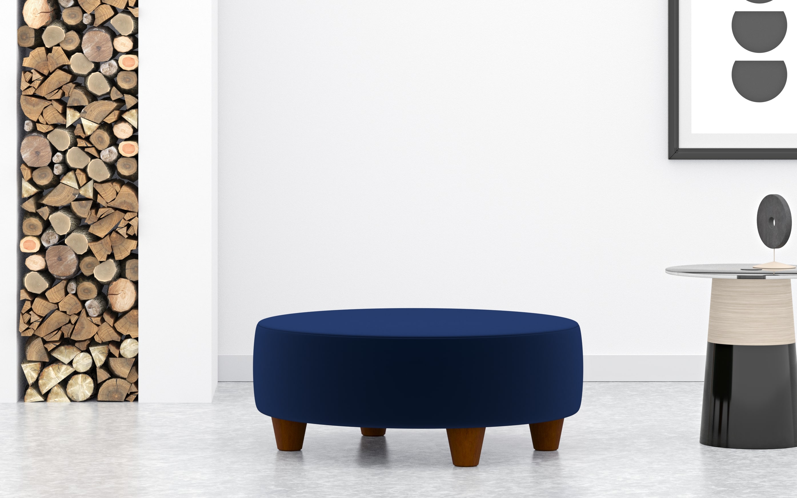 Large Round Navy Blue Velvet Footstool