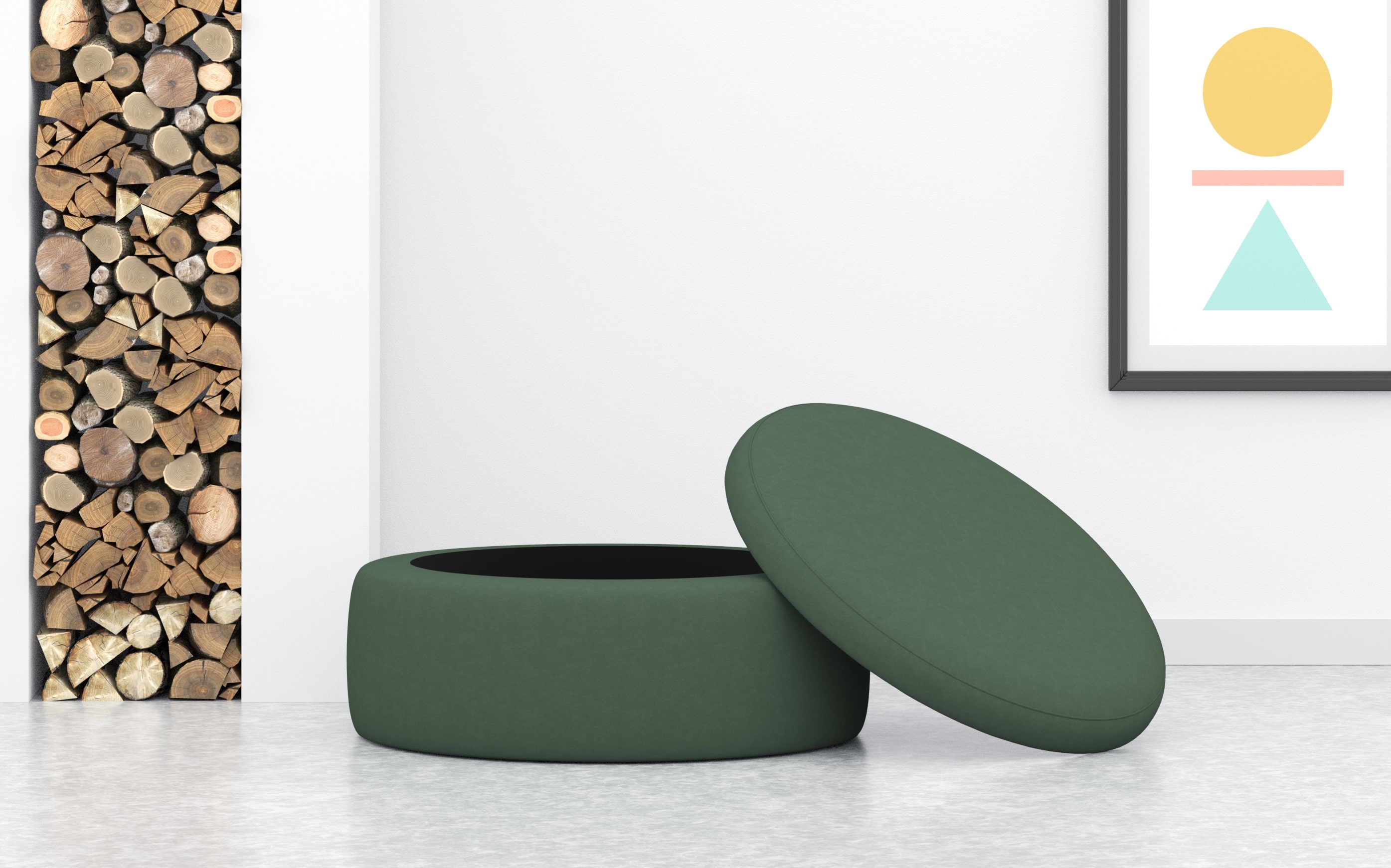 Extra Large Round Footstool With Storage In Green Velvet