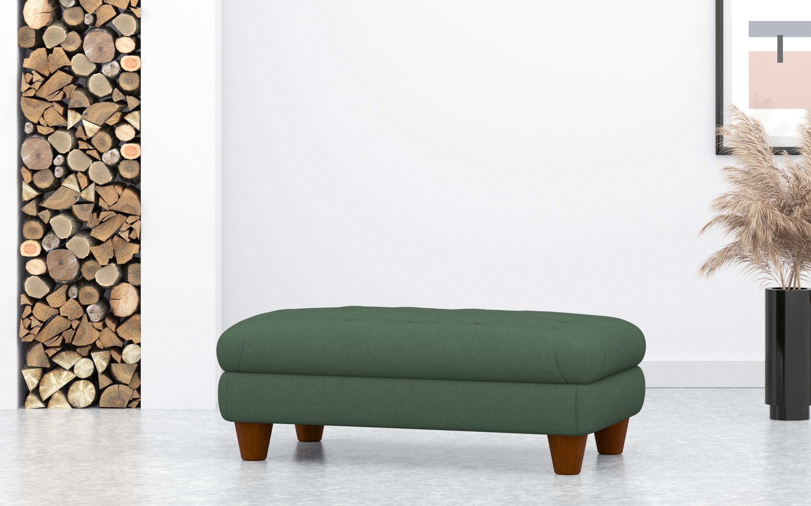 Large Rectangular Footstool With Buttons In Green Velvet