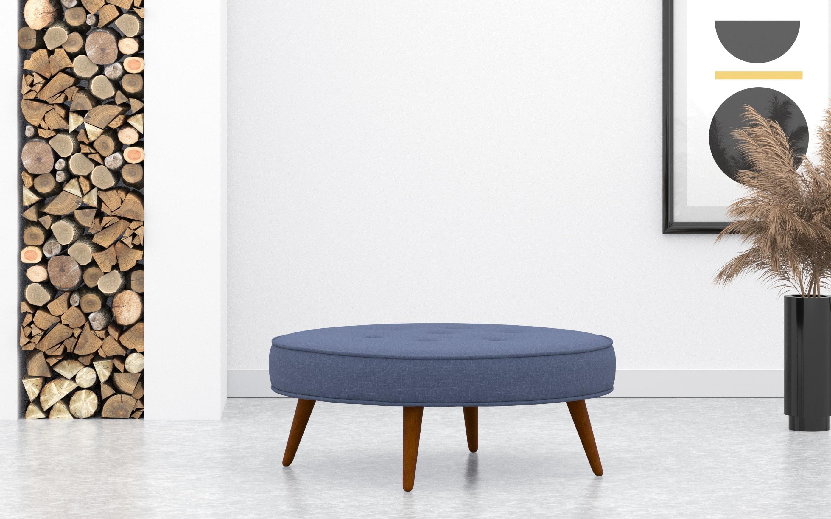 Medium Circular Buttoned Footstool In Colbalt Blue Linen