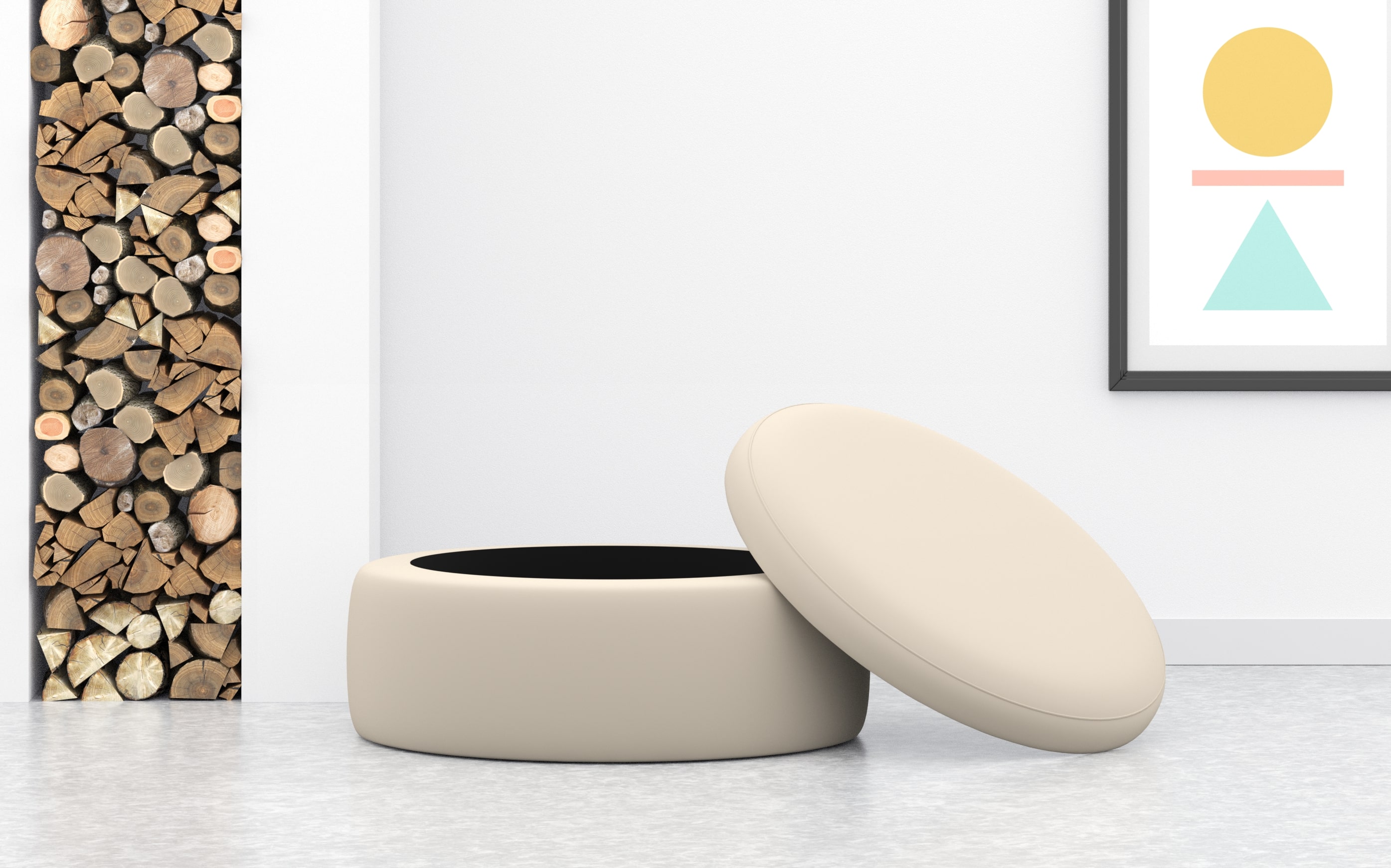 Extra Large Round Cream Velvet Footstool With Storage