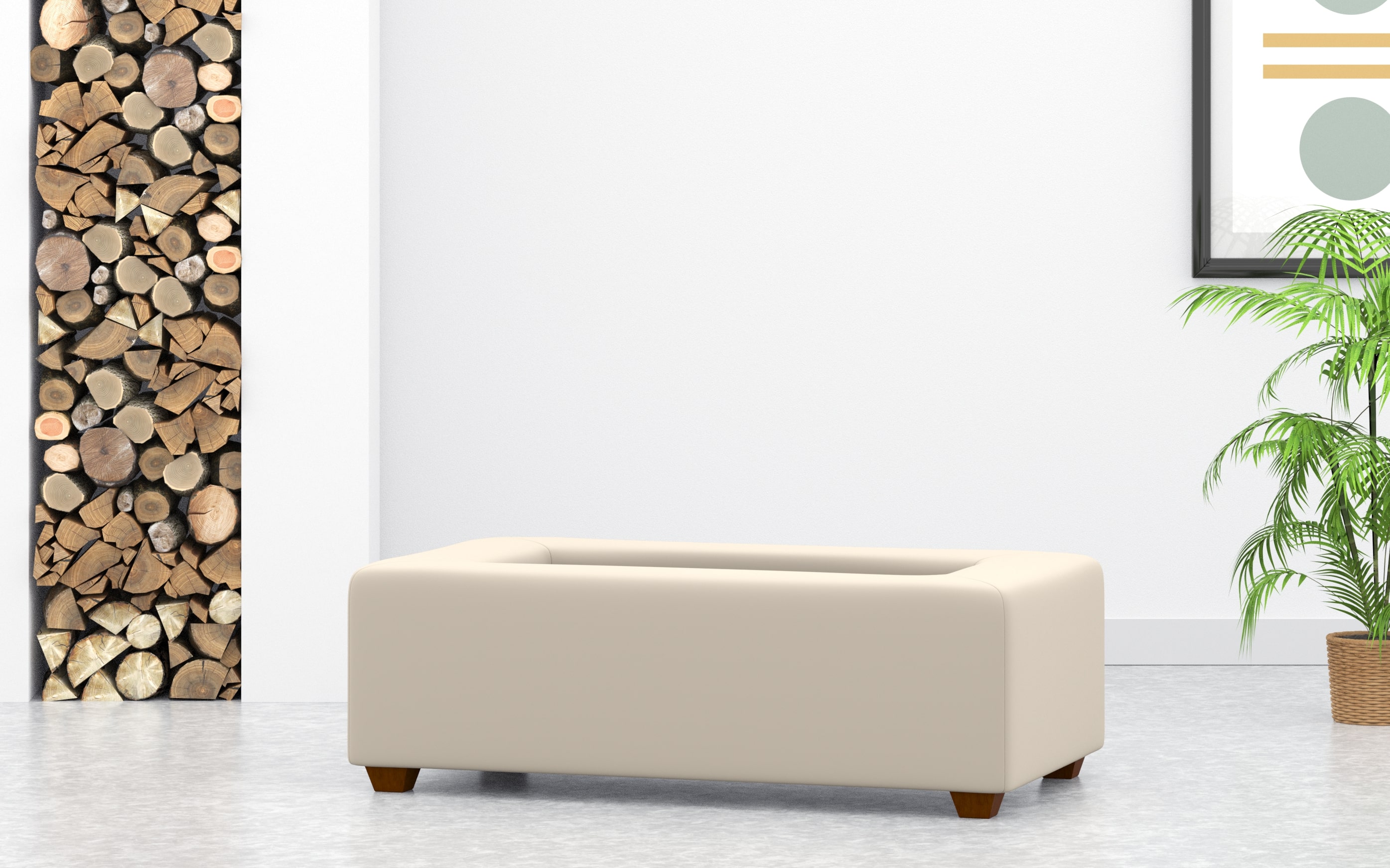 Rectangular Cream Velvet Coffee Table Footstool With Wood Tray