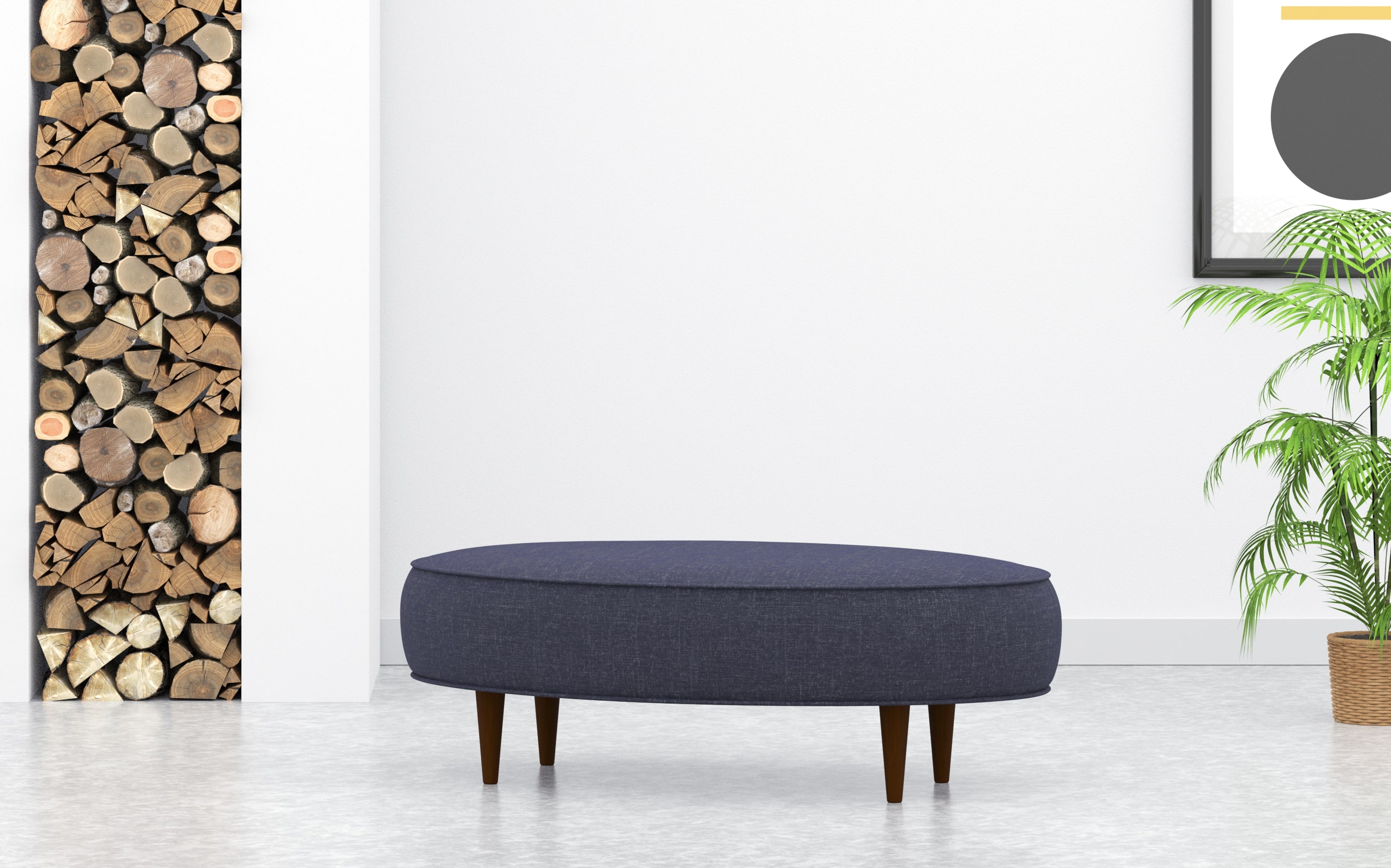 Large Oval Round Footstool In Blue Linen
