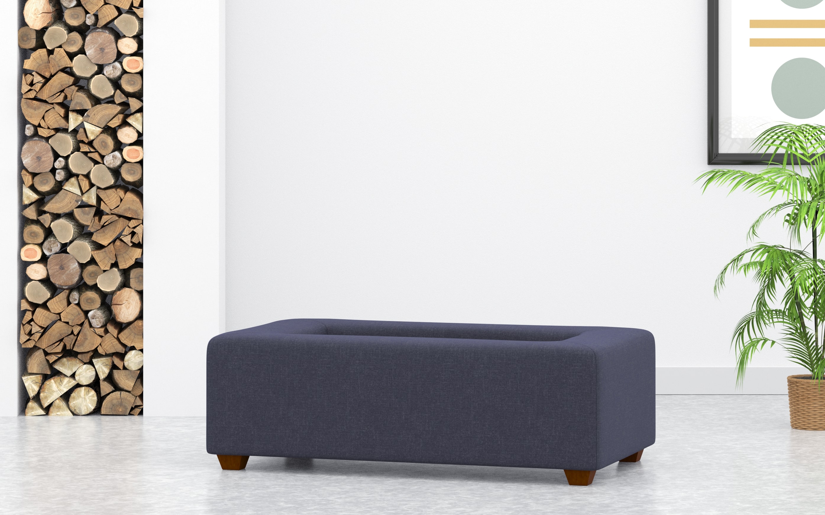 Rectangular Coffee Table Footstool With Tray In Denim Blue Linen
