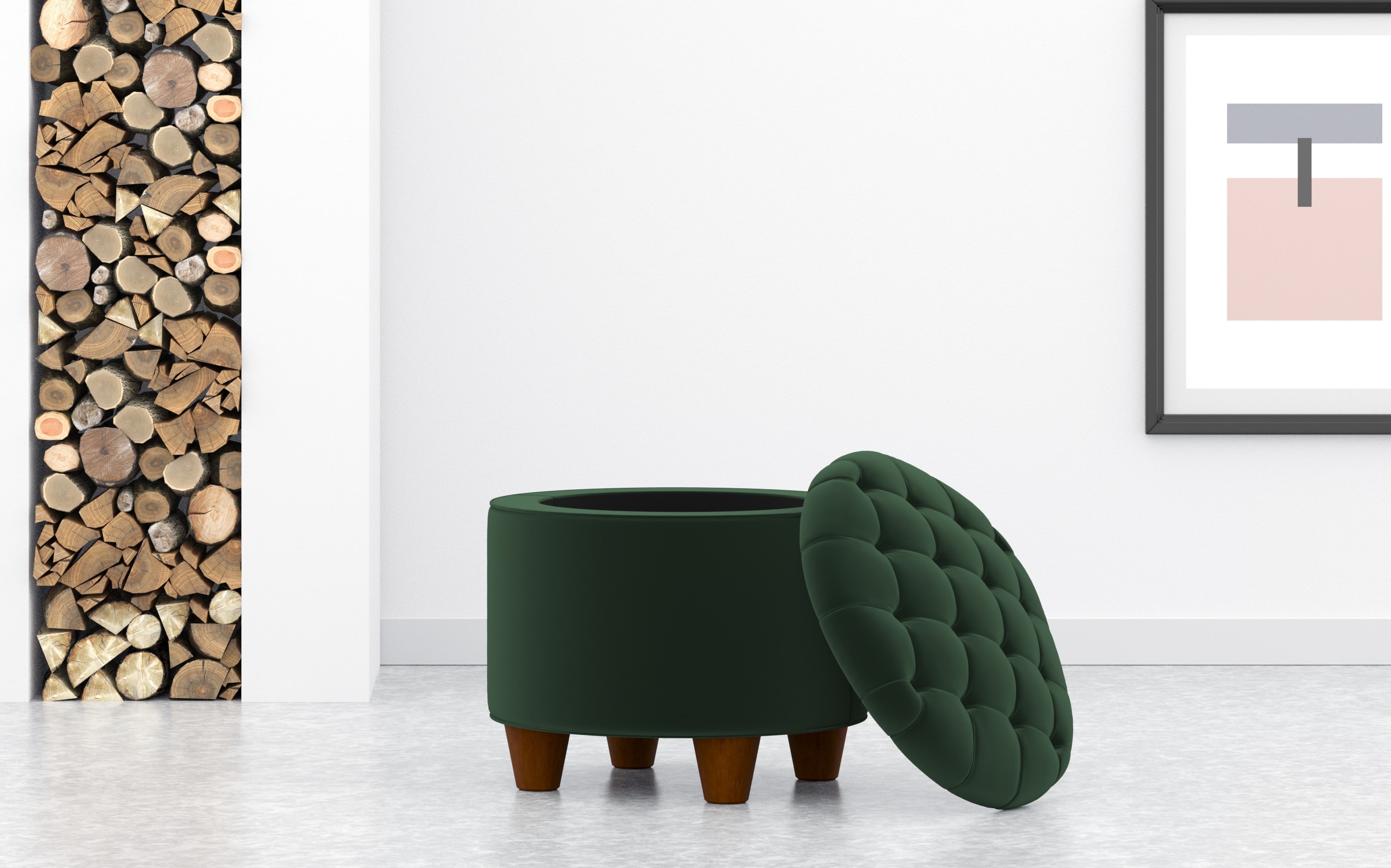 Small Round Storage Ottoman With Button Lid In Green Velvet