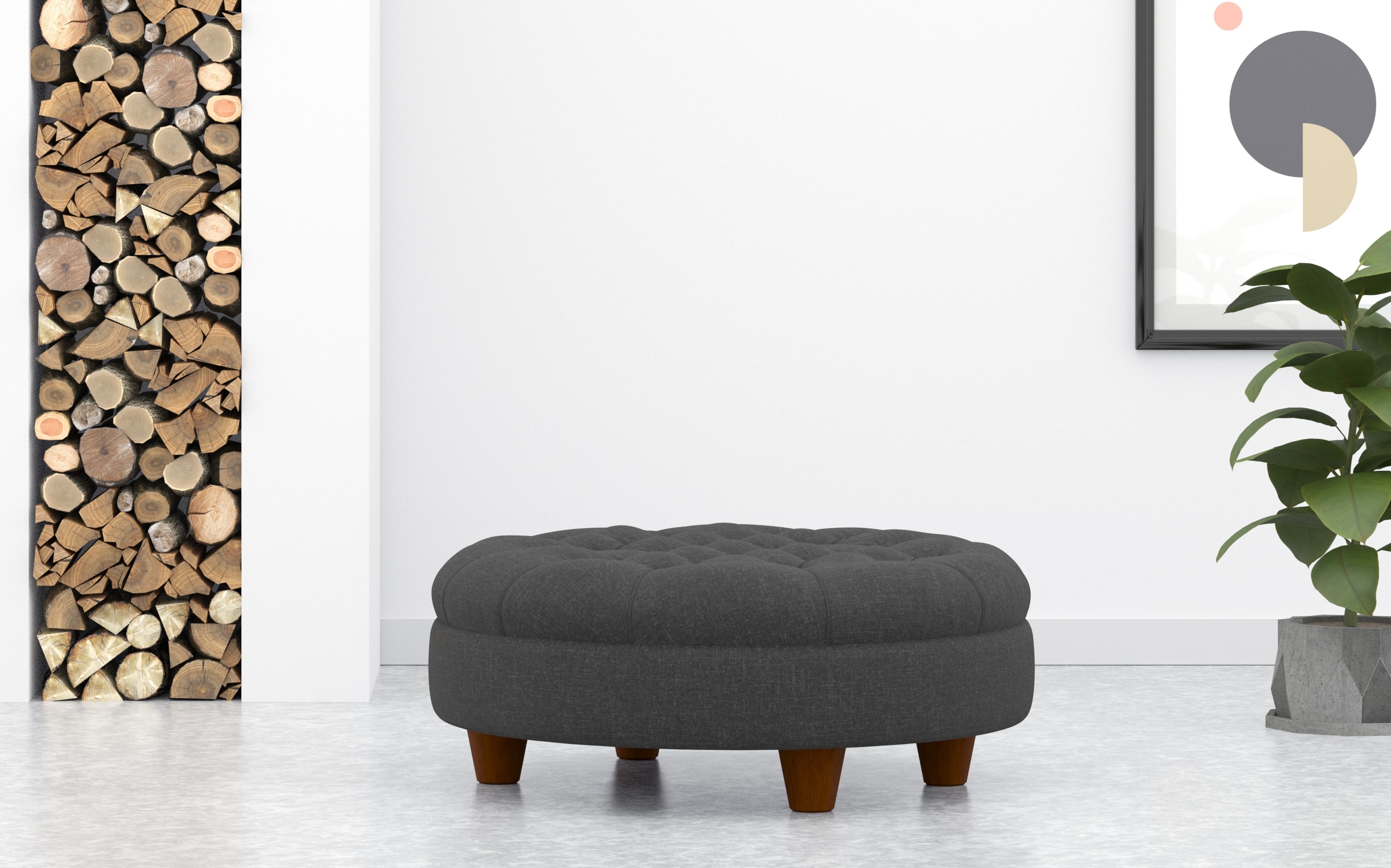Round Deep Buttoned Footstool In Grey Linen
