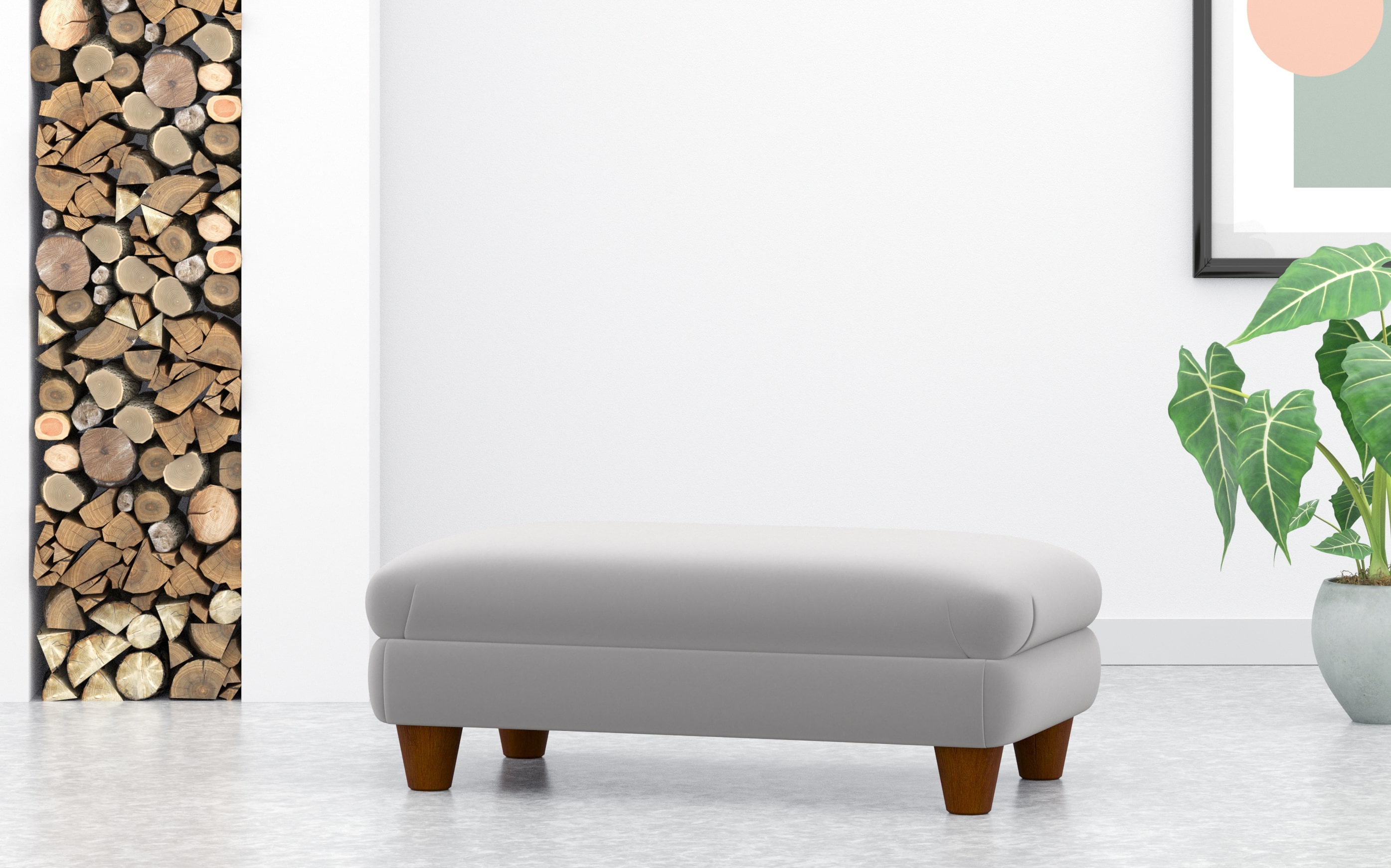 Large Rectangular Footstool In Light Grey Velvet