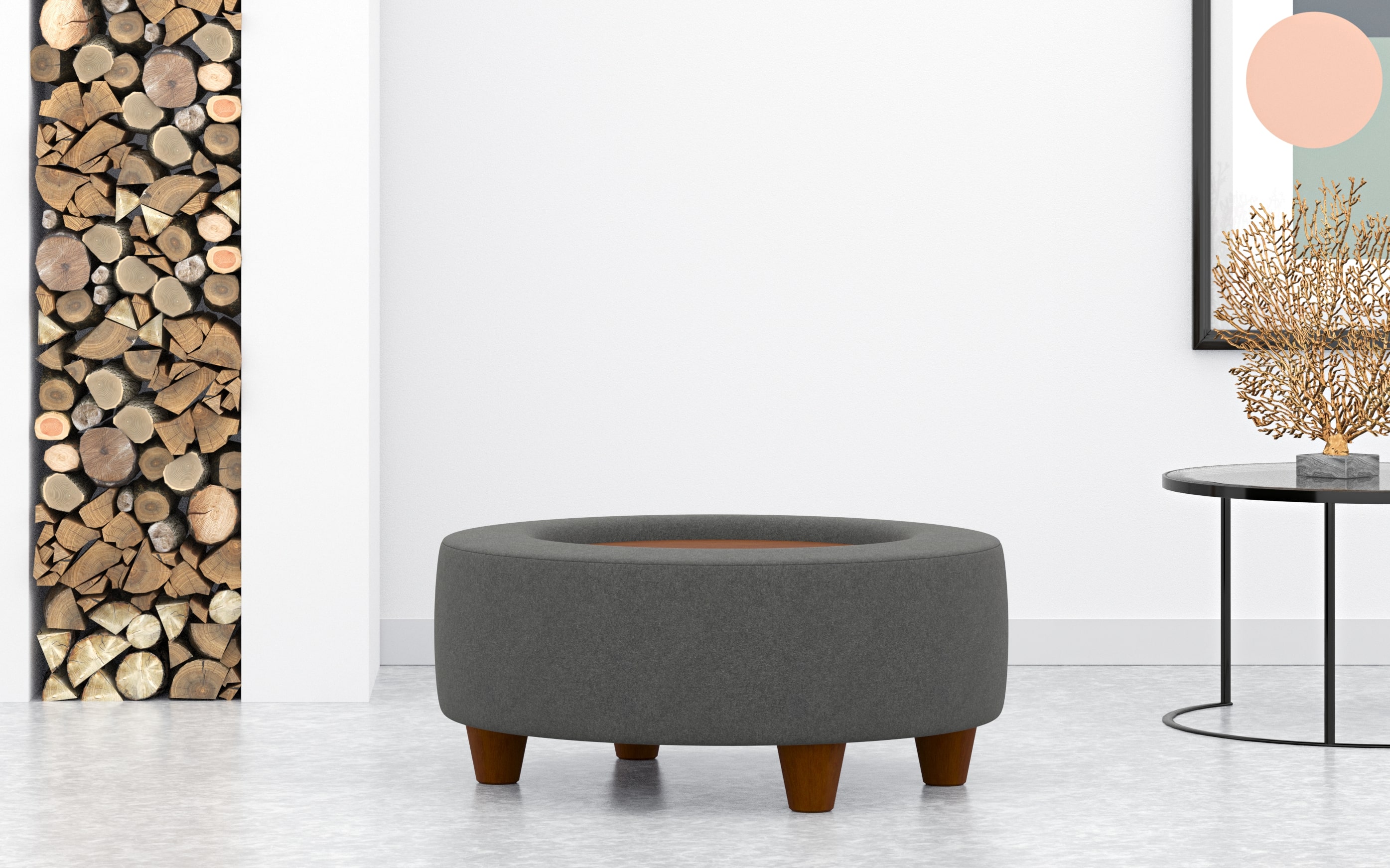 Round Footstool Tray Table In Grey Wool Fabric