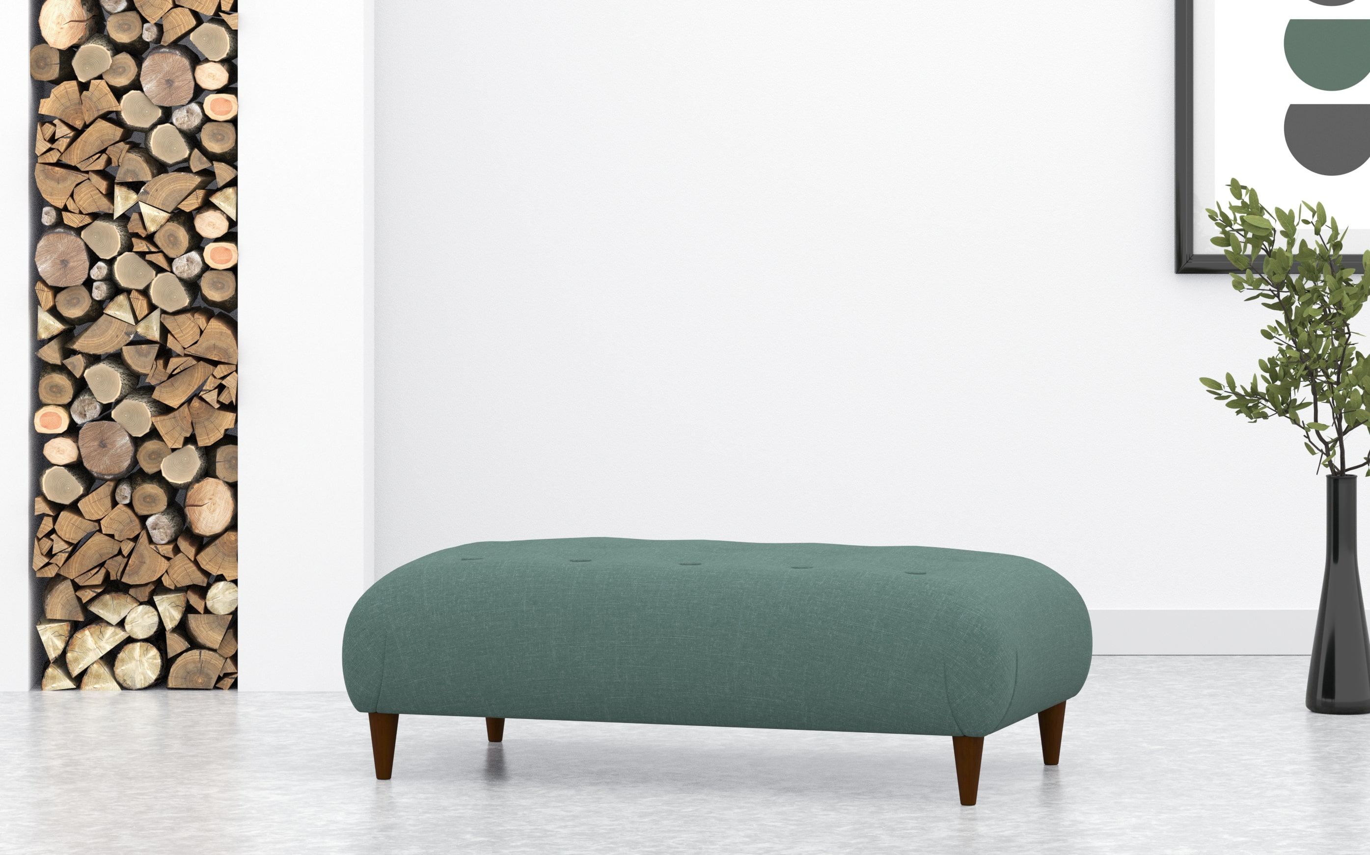 Large Footstool With Buttoned Top In Green Linen