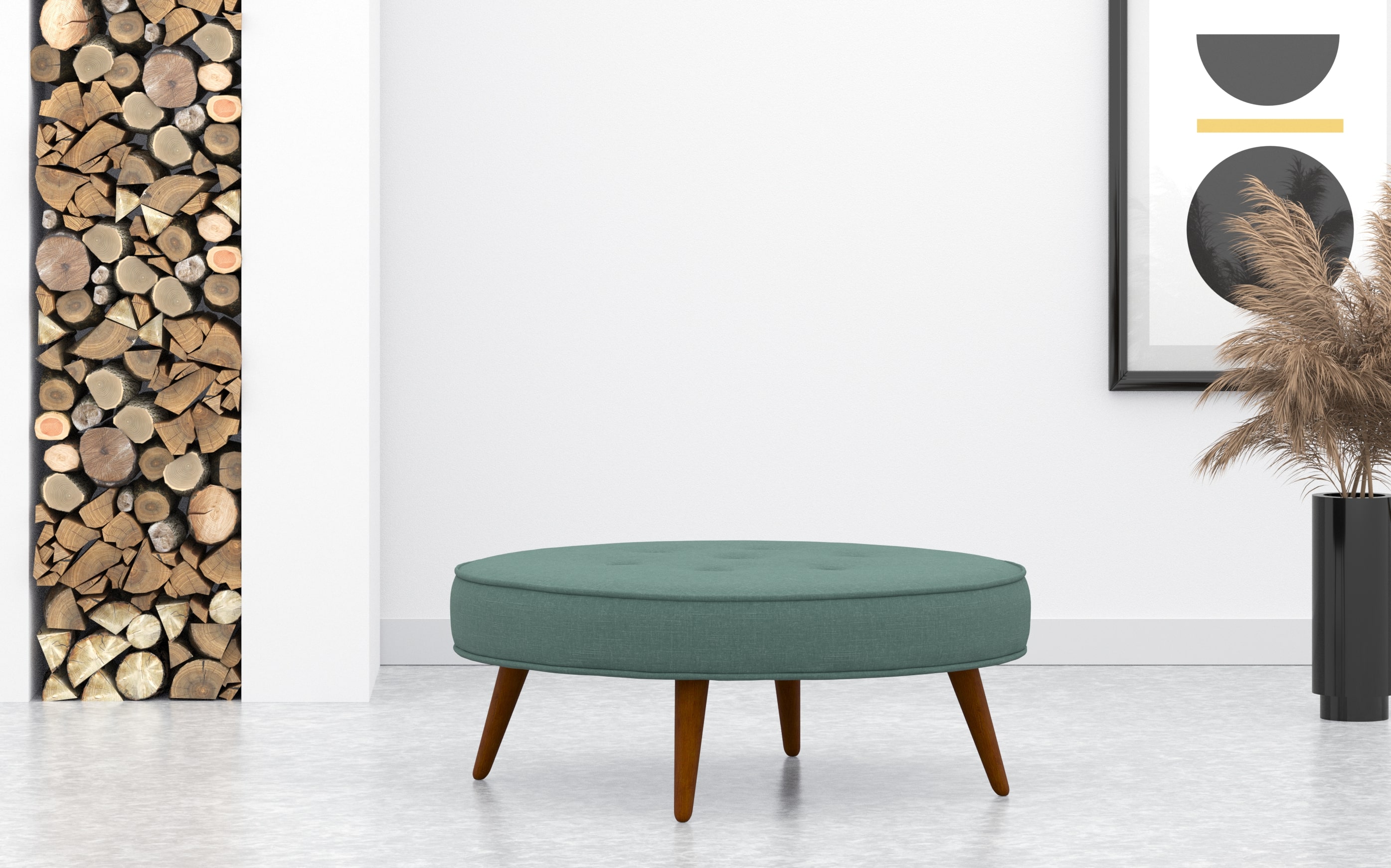 Medium Circular Buttoned Footstool In Green Linen