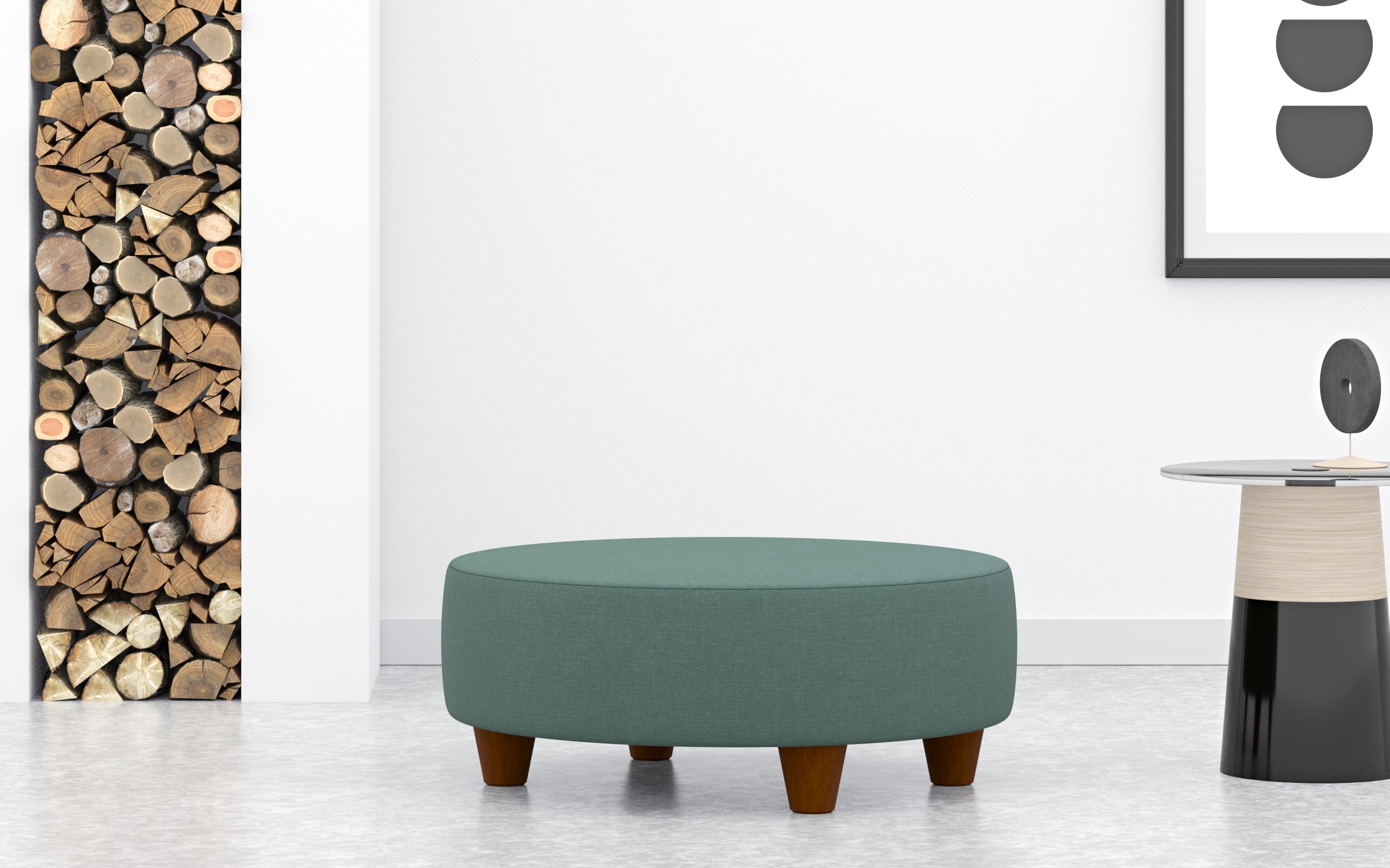 Large Round Footstool In Green Linen
