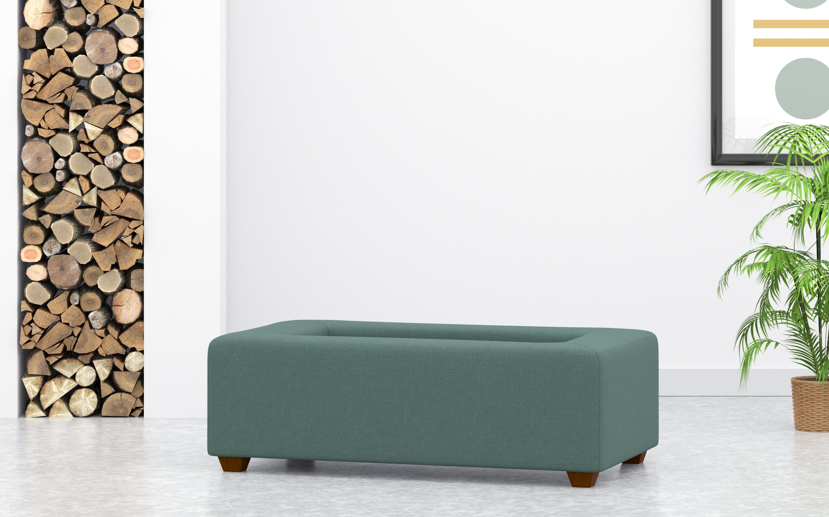 Rectangular Coffee Table Footstool With Built In Tray On Green Linen
