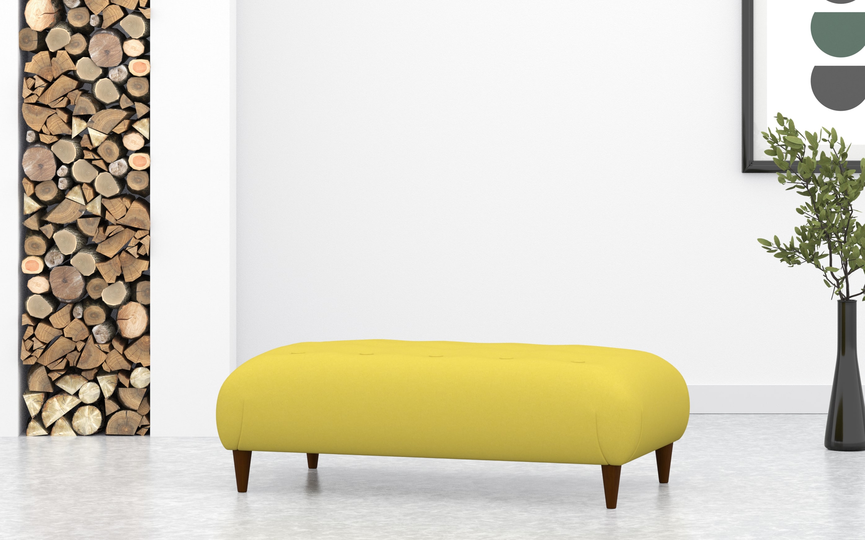 Large Footstool With Buttoned Top In Yellow Velvet