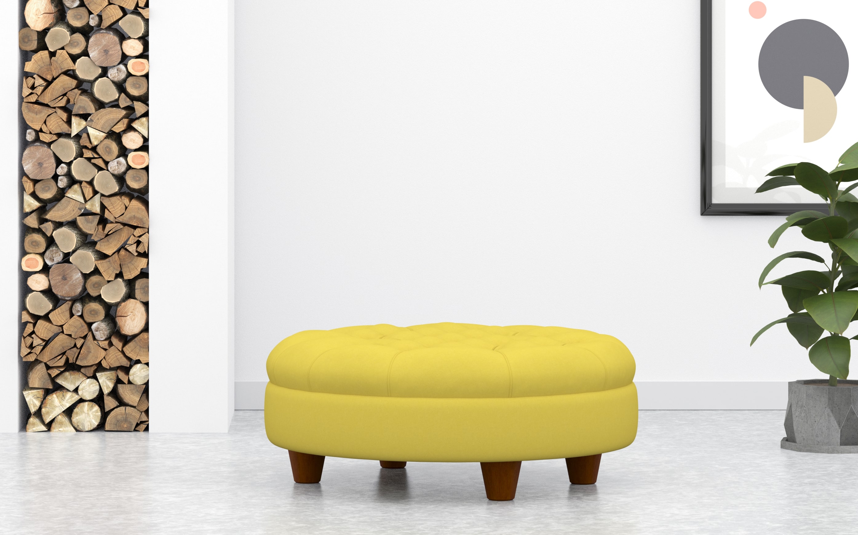 Round Deep Buttoned Footstool In Yellow velvet