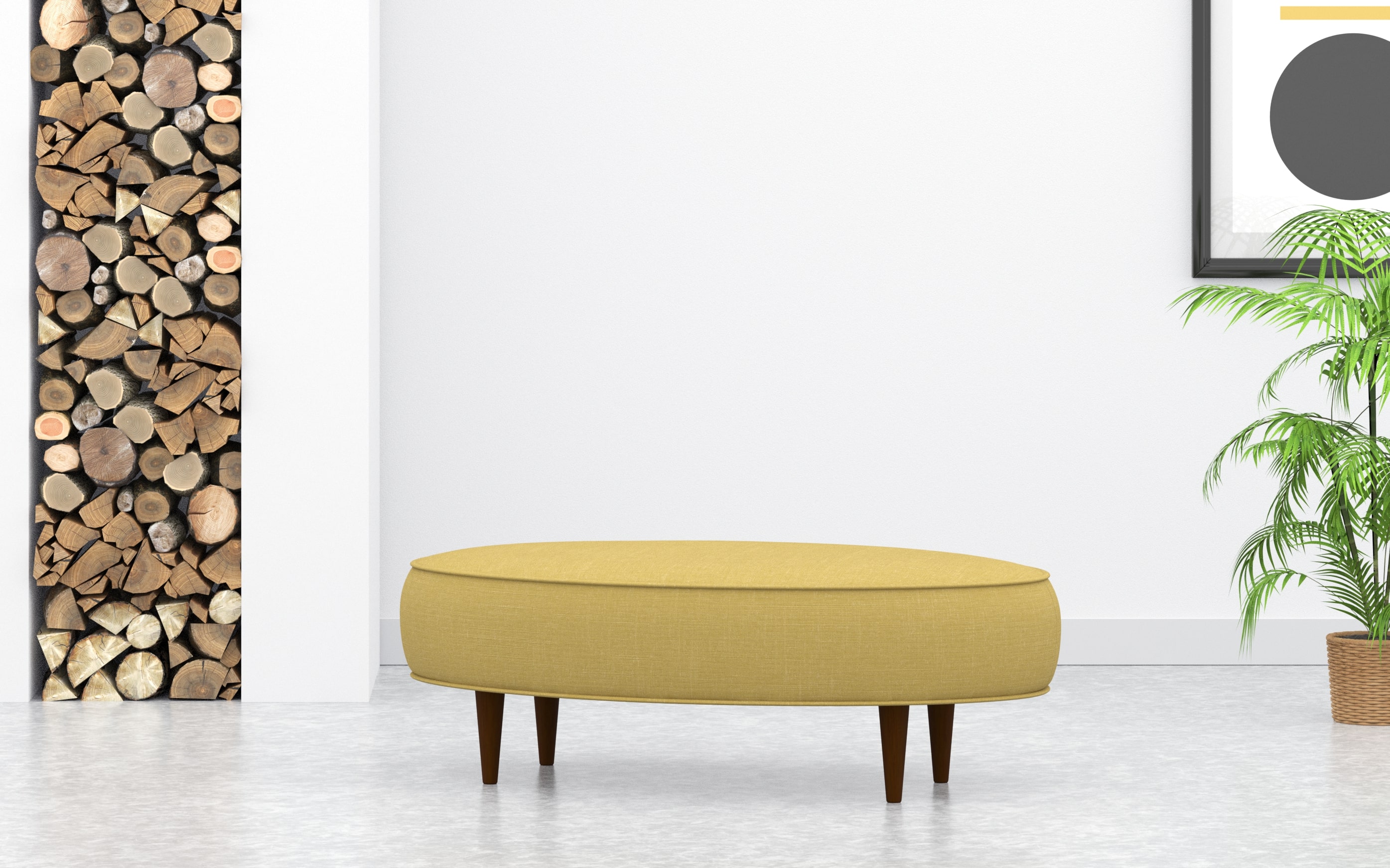 Oval Footstool In Yellow Linen