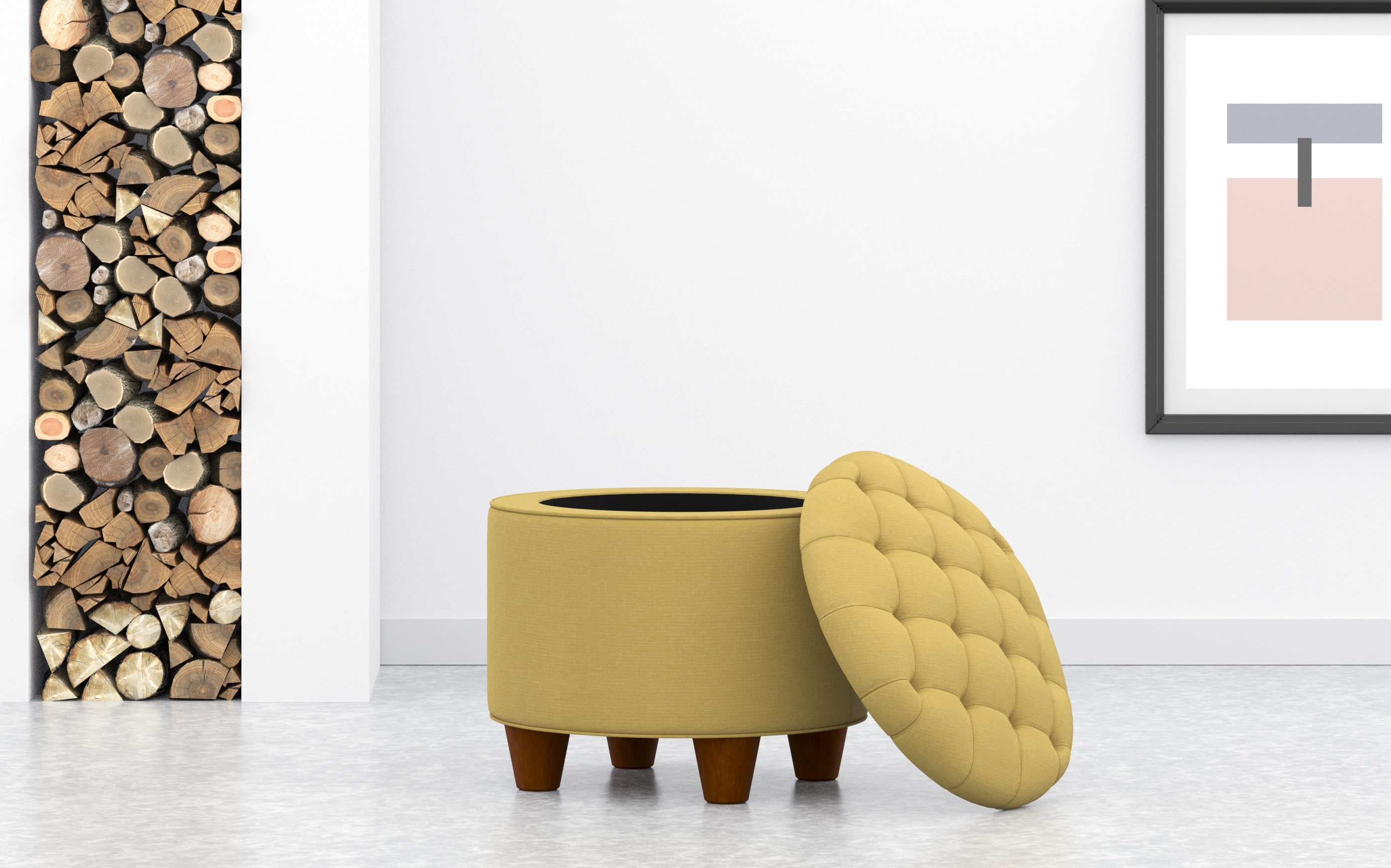 Small Round Storage Ottoman With Button Lid In Yellow Linen
