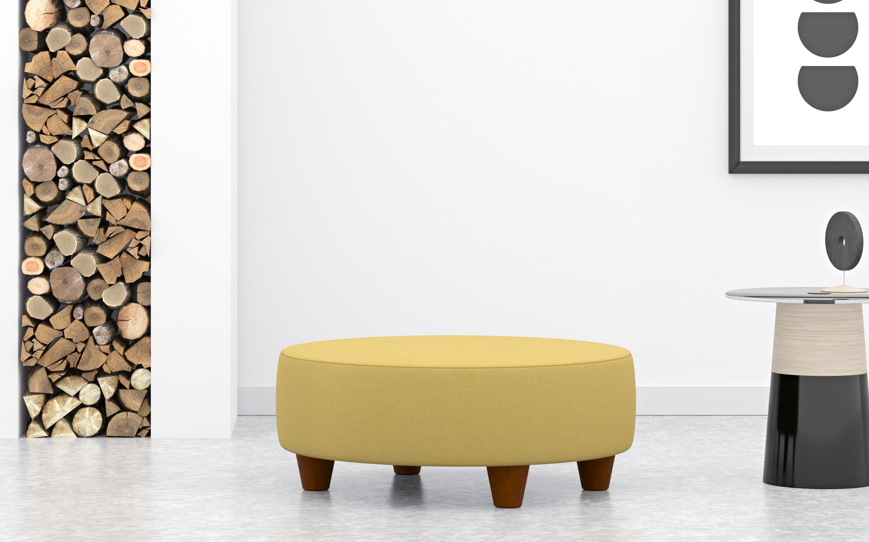 Large Round Footstool Coffee Table In Yellow Linen Fabric