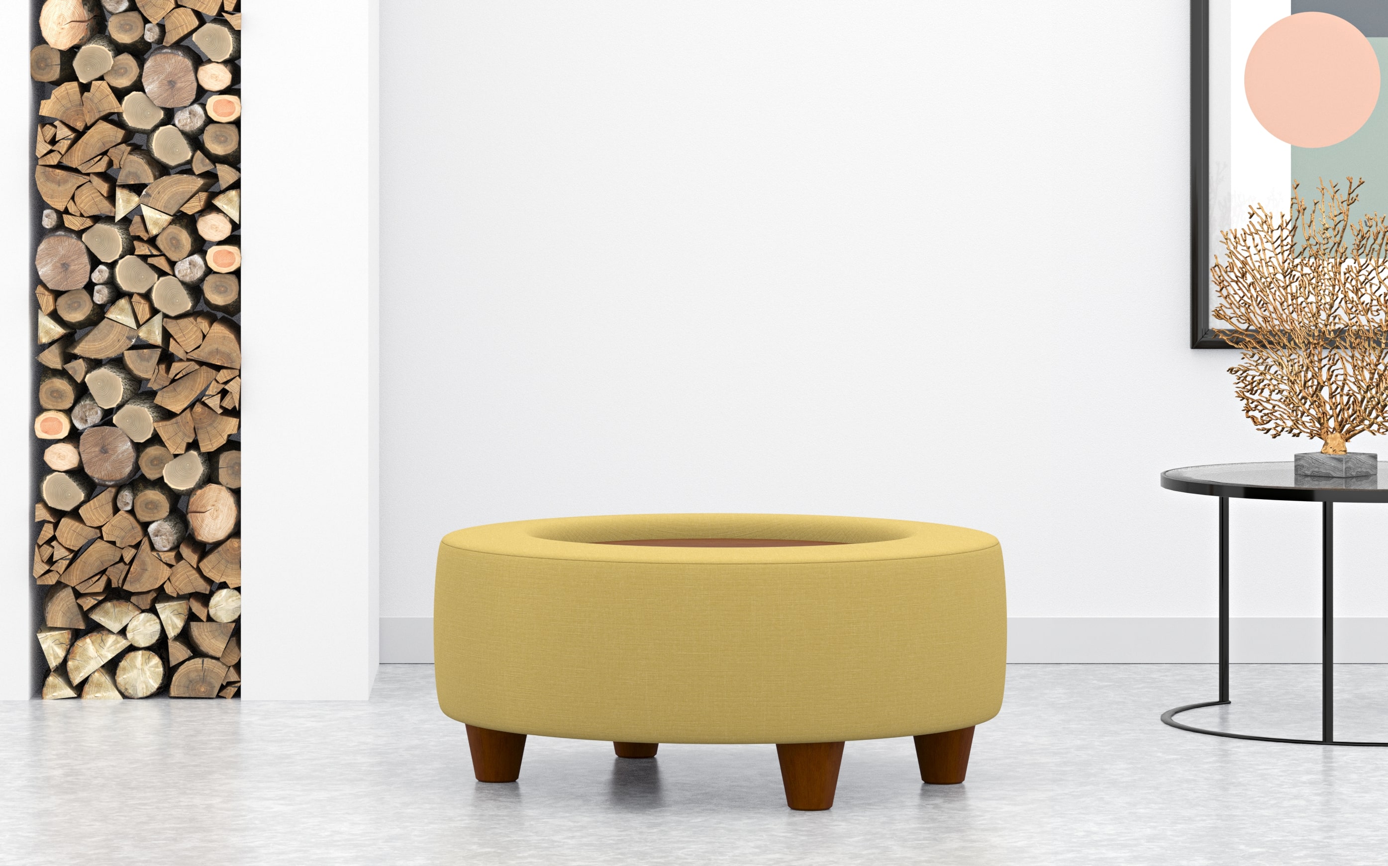 Round Coffee Table Stool With Tray In Yellow Linen