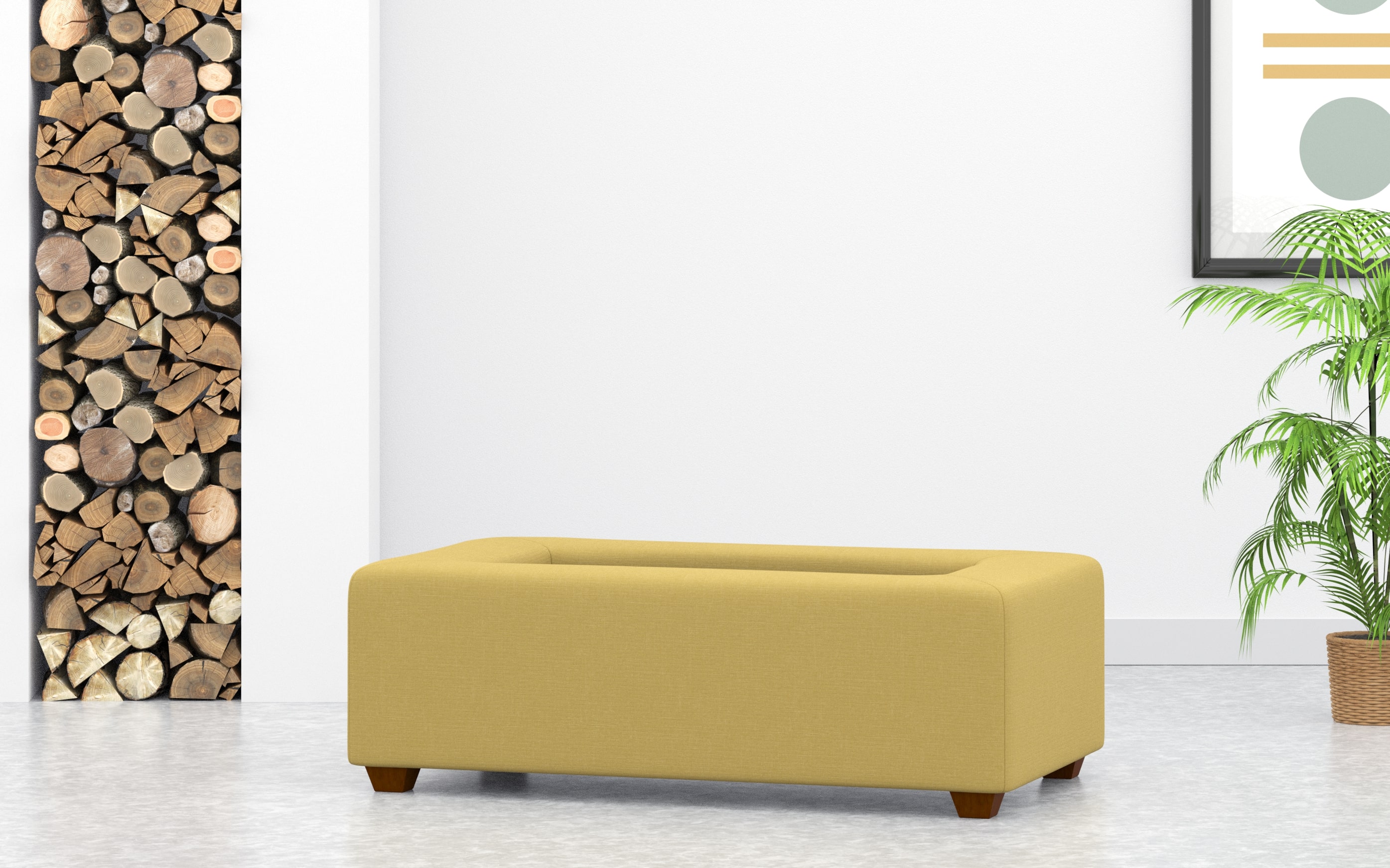 Rectangular Coffee Table Footstool With Tray In Yellow Linen Fabric
