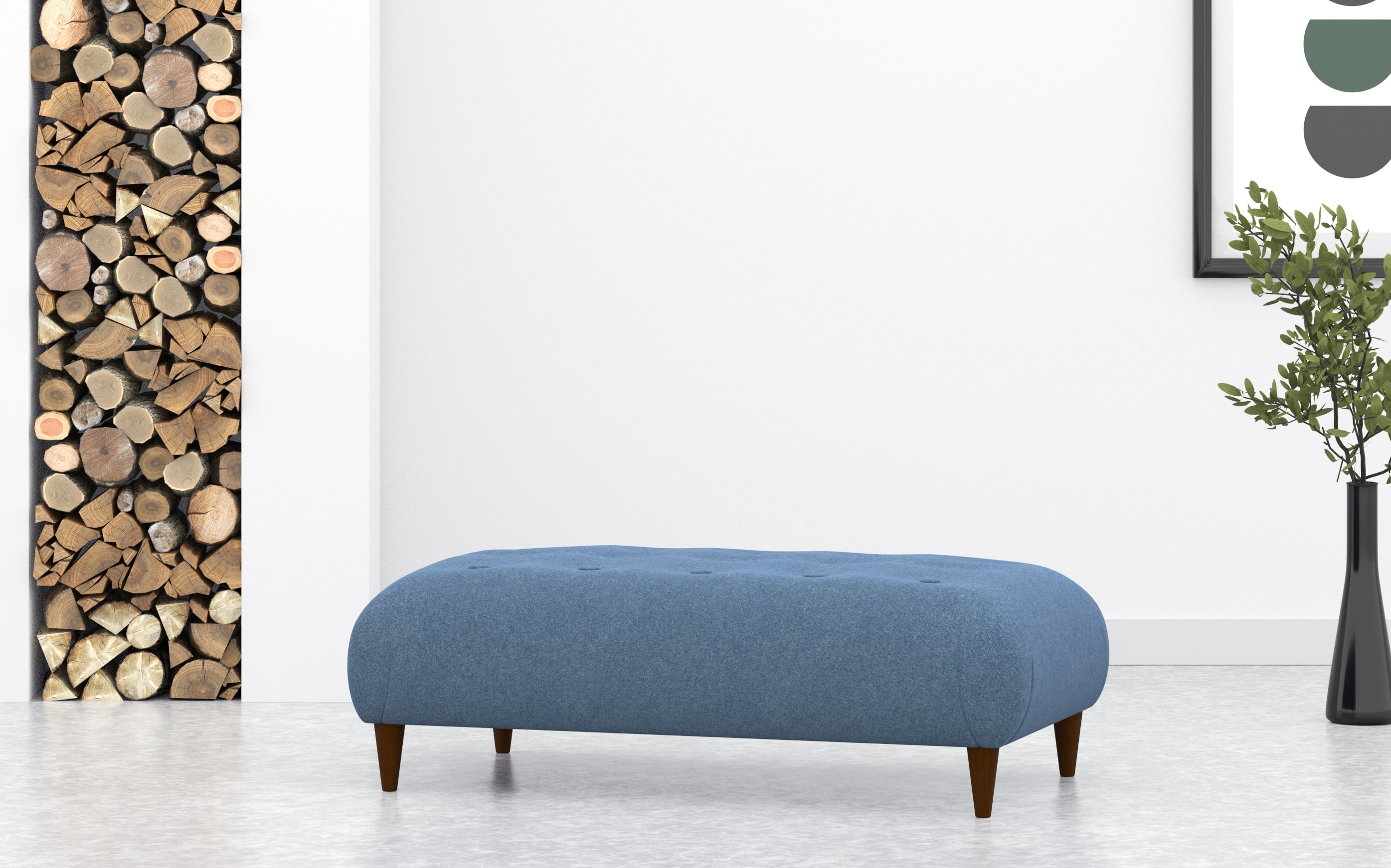 Large Footstool With Buttoned Top In Marine Blue Wool