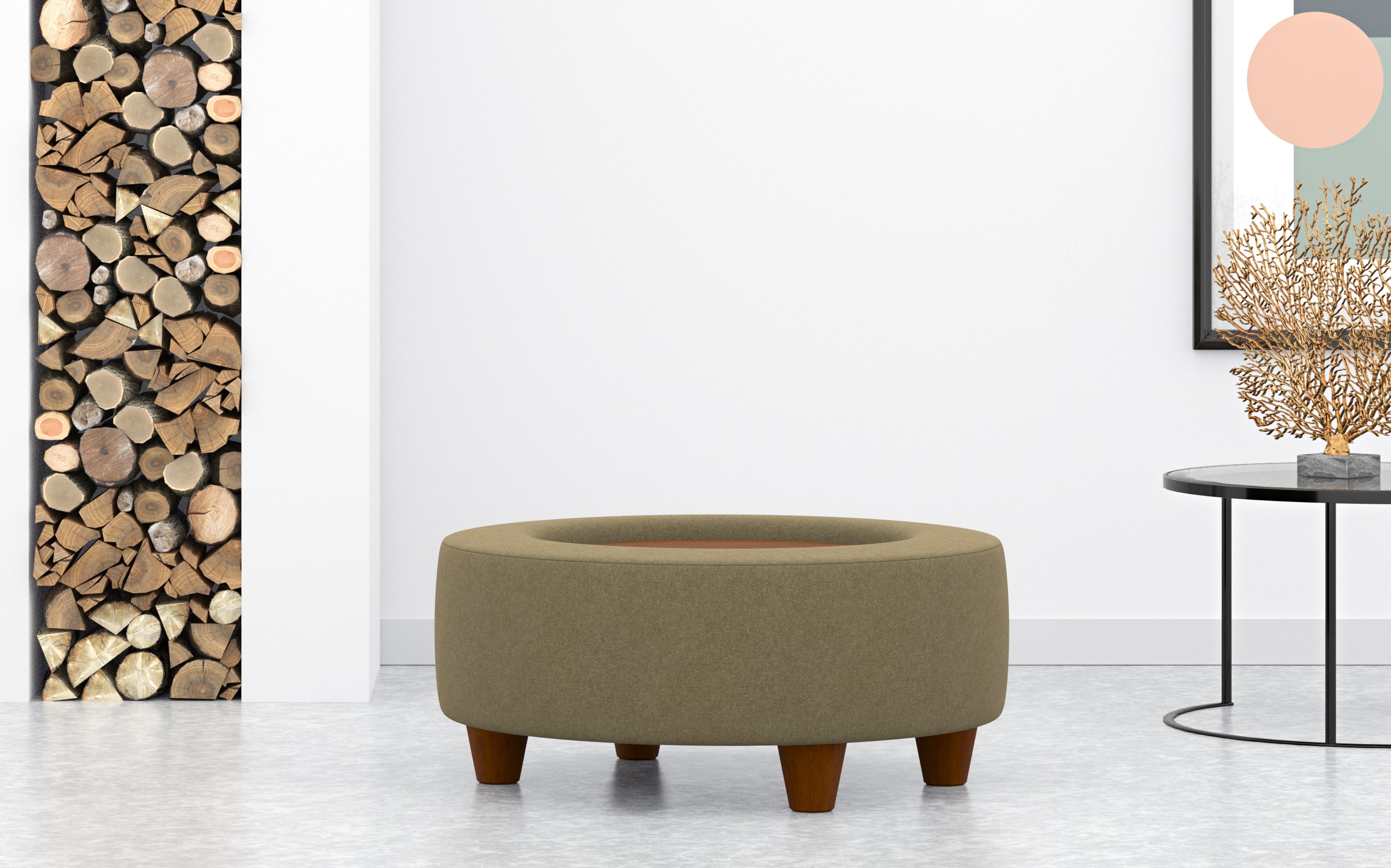 Round Coffee Table Stool With Built In Tray In Olive Wool