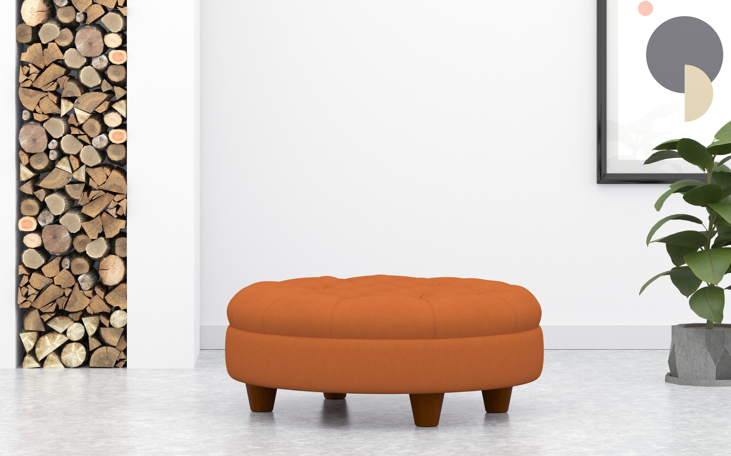 Round Deep Buttoned Footstool In orange Velvet