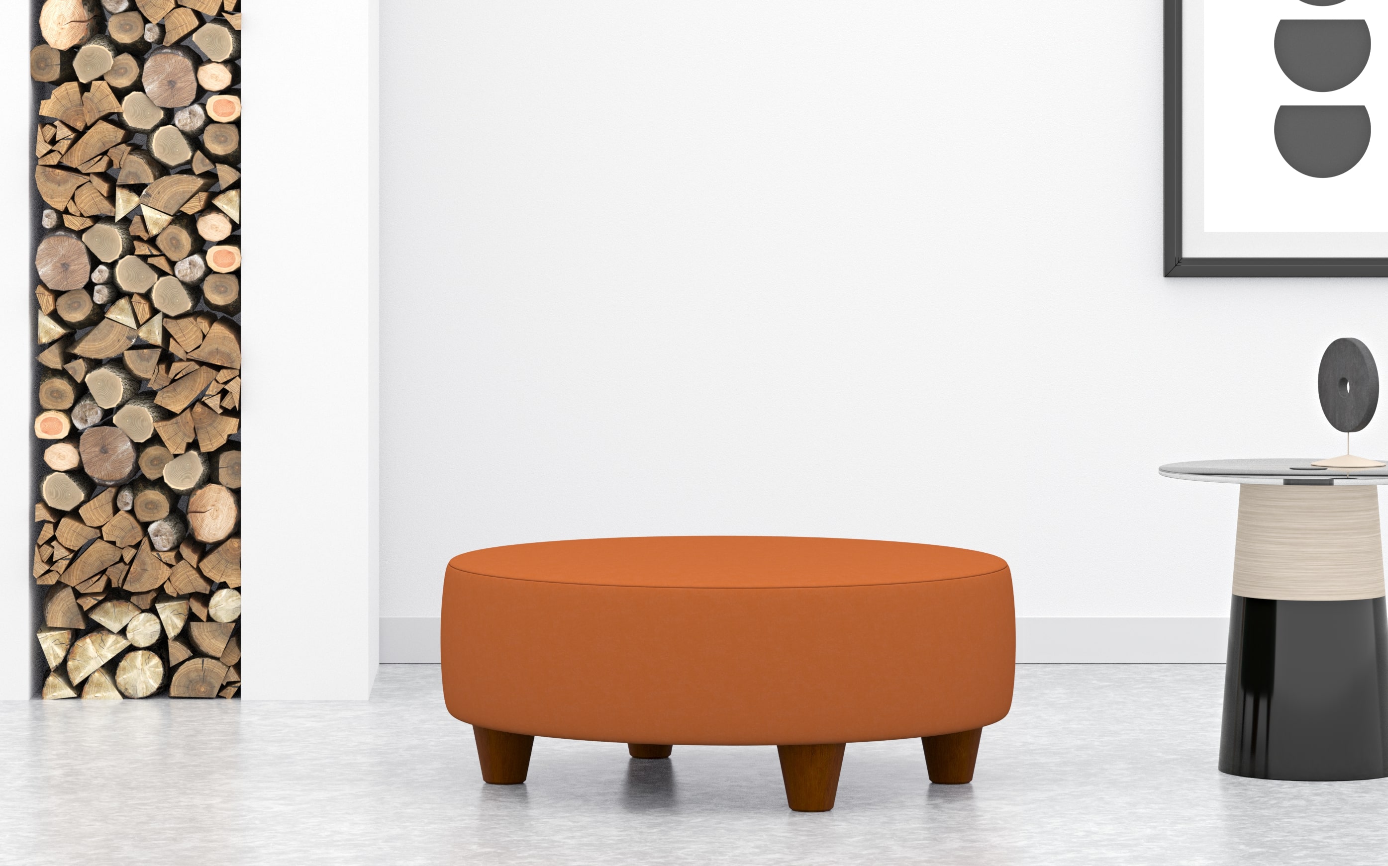 Large Round Footstool In Orange Velvet