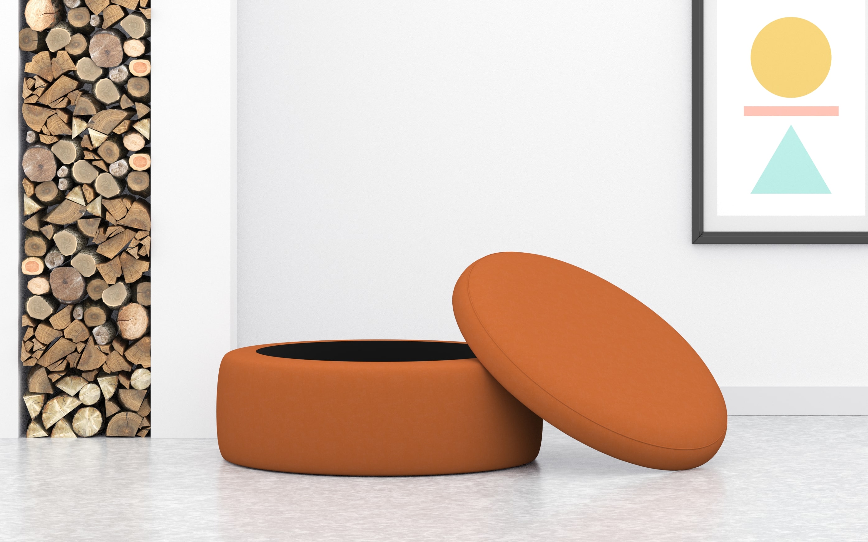 Extra Large Round Footstool With Storage In Orange Velvet