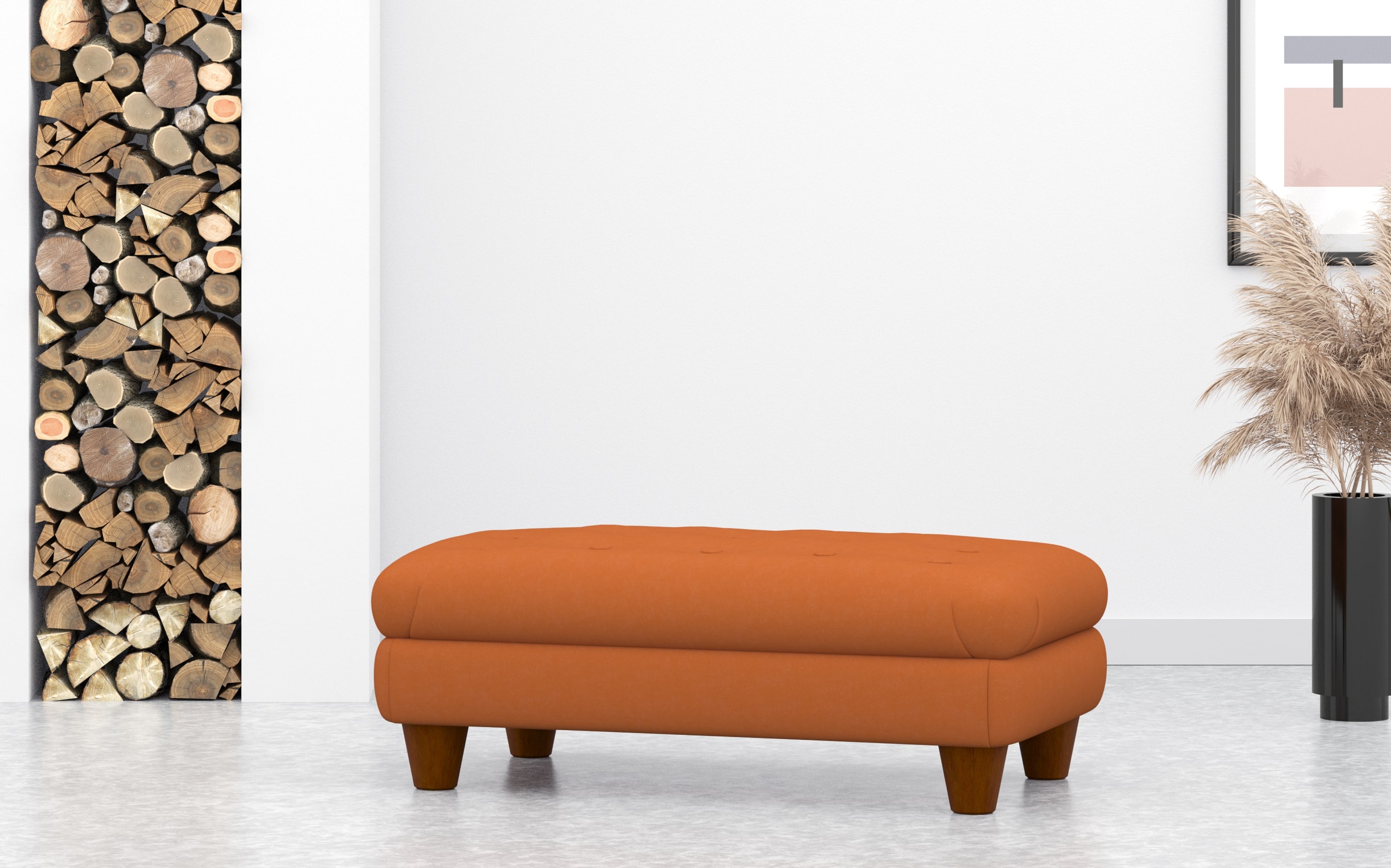 Large Rectangular Button Footstool In orange velvet