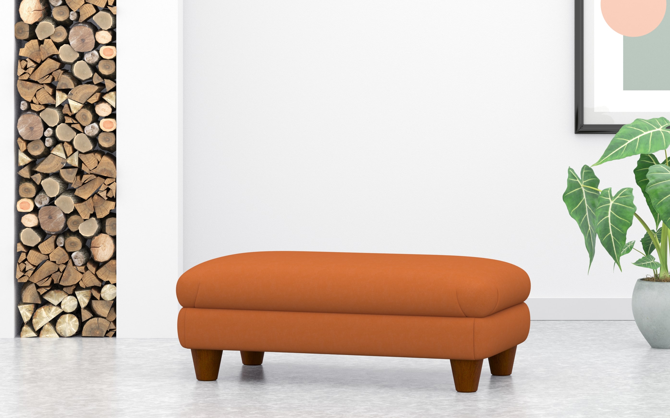 Large Rectangular Footstool In Orange Velvet