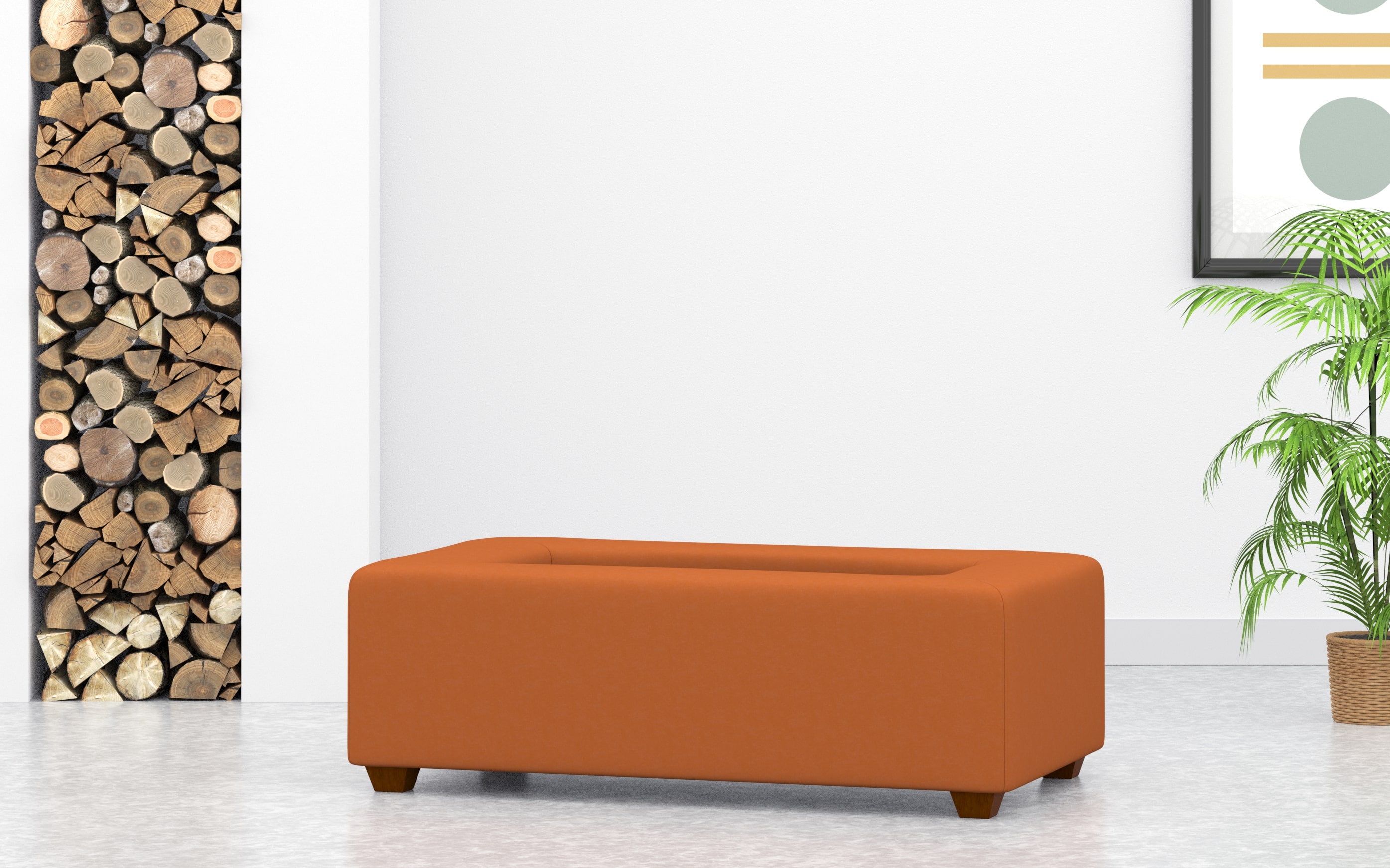 Rectangular Coffee Table Footstool With Tray In Orange Velvet