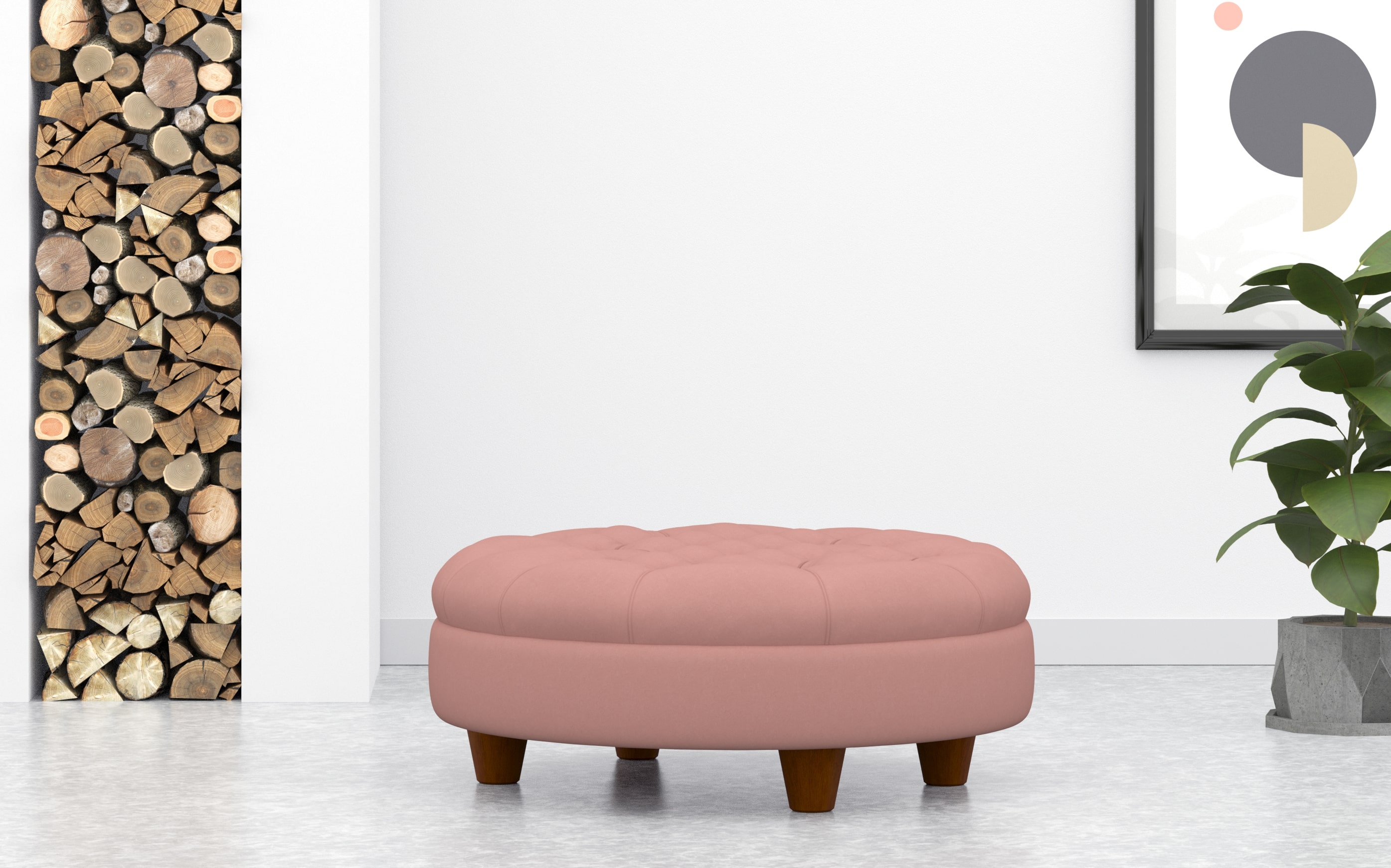 Round Deep Buttoned Footstool In Pink Velvet