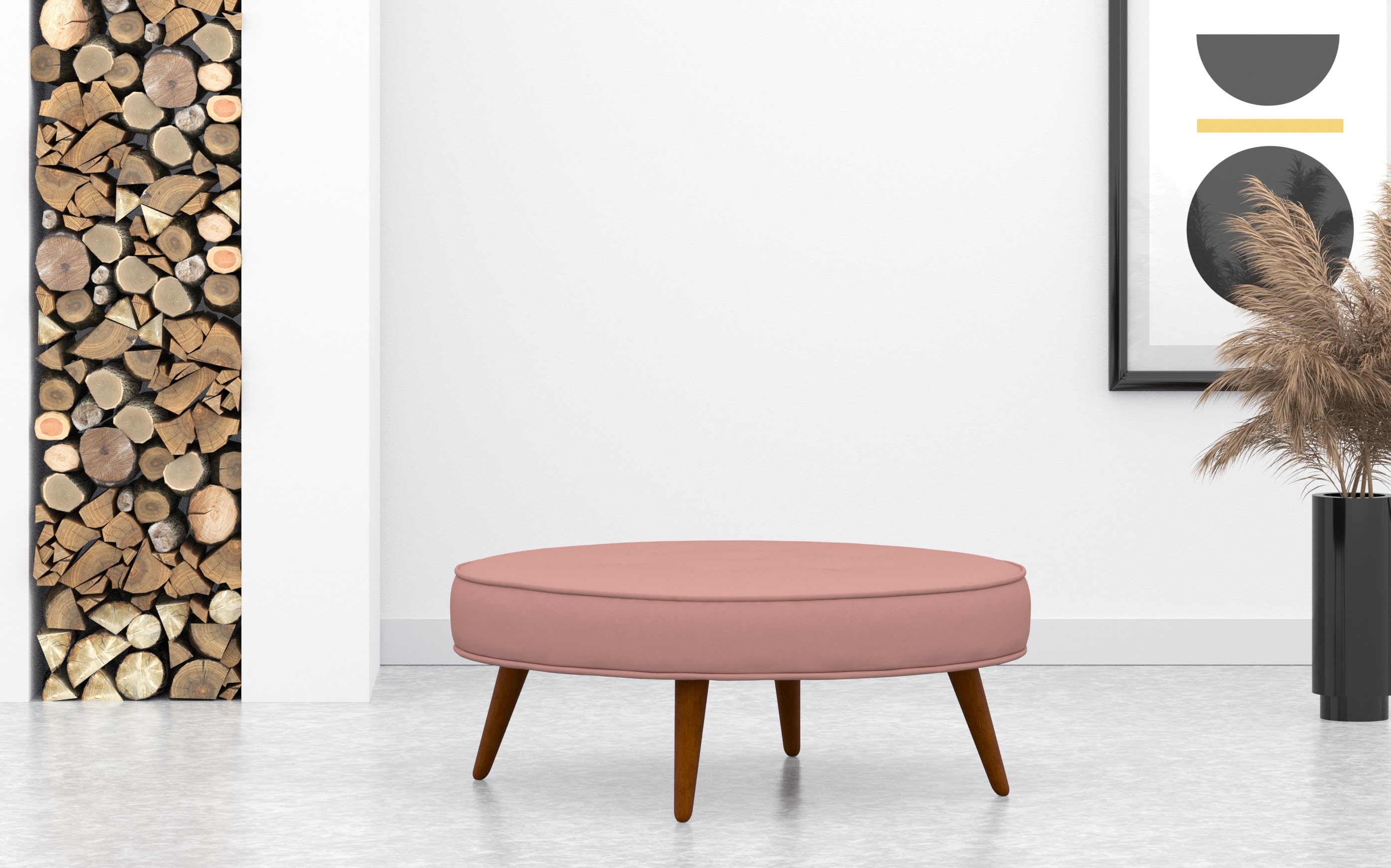 Large Circular Buttoned Footstool In Pink Velvet