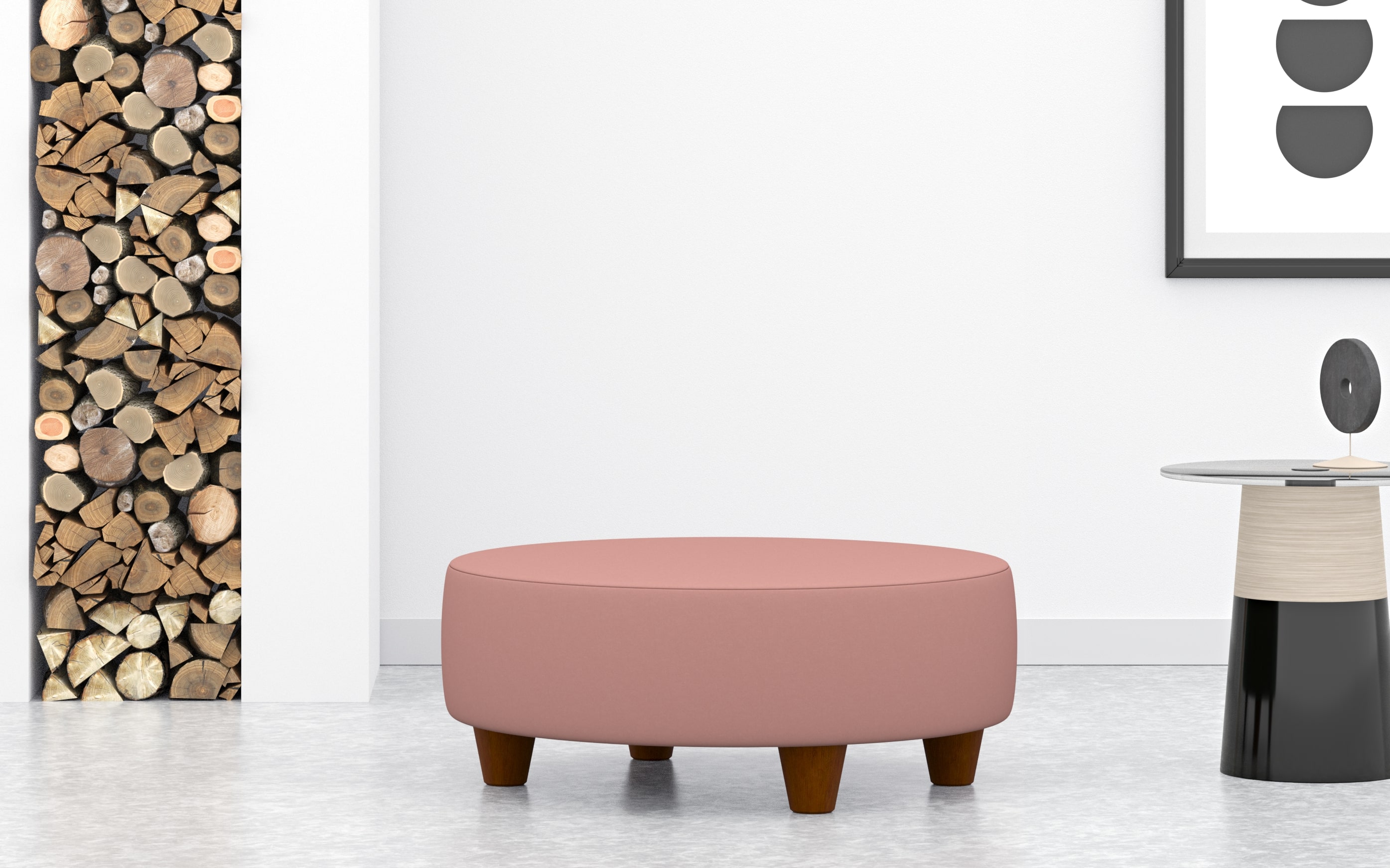 Large Round Footstool In Pink Velvet