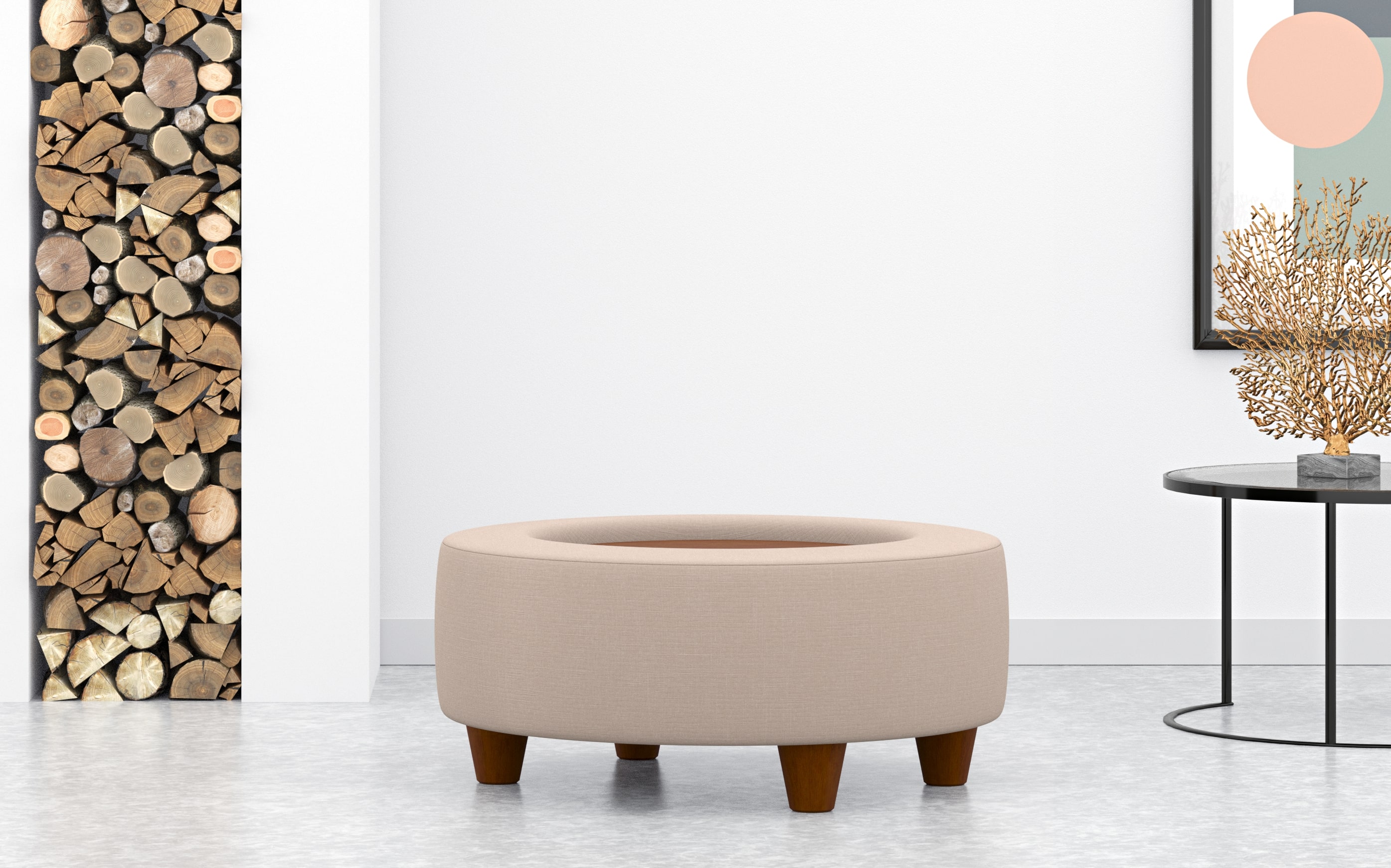 Round Coffee Table Stool With Wood Tray In Pink Linen