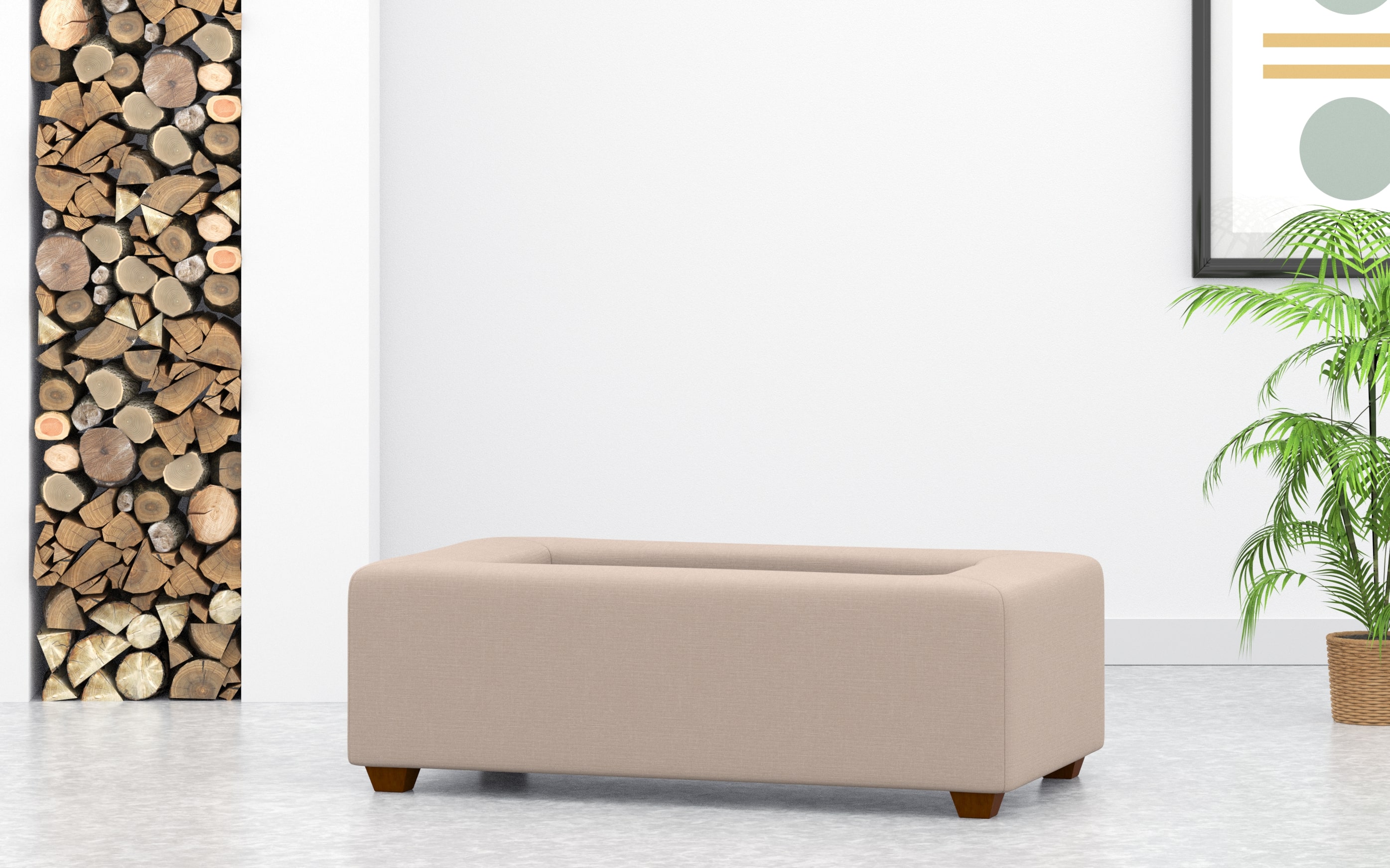 Rectangular Coffee Table Footstool With Wood Tray In Pink Linen