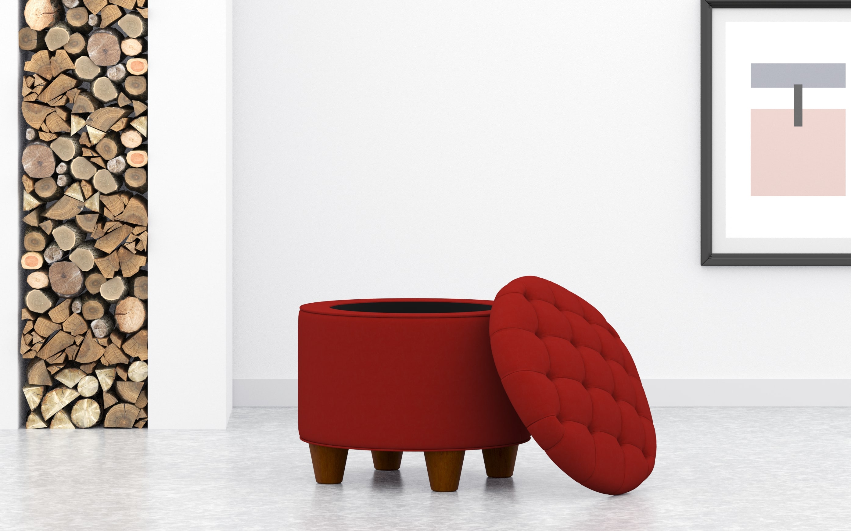 Small Round Storage Ottoman With Button Lid In Red Velvet