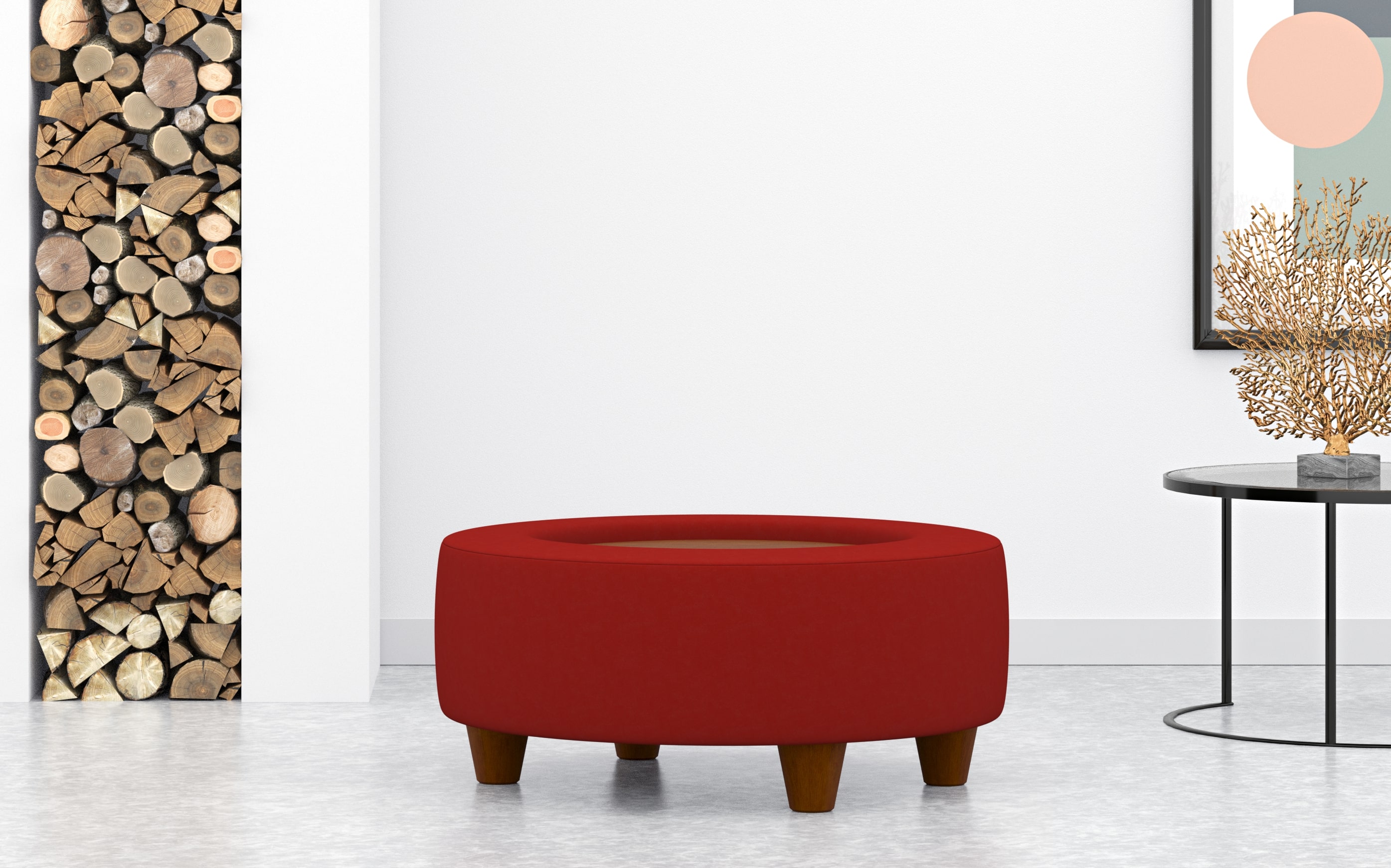Round Coffee Table Stool With Built In Tray In Red Velvet