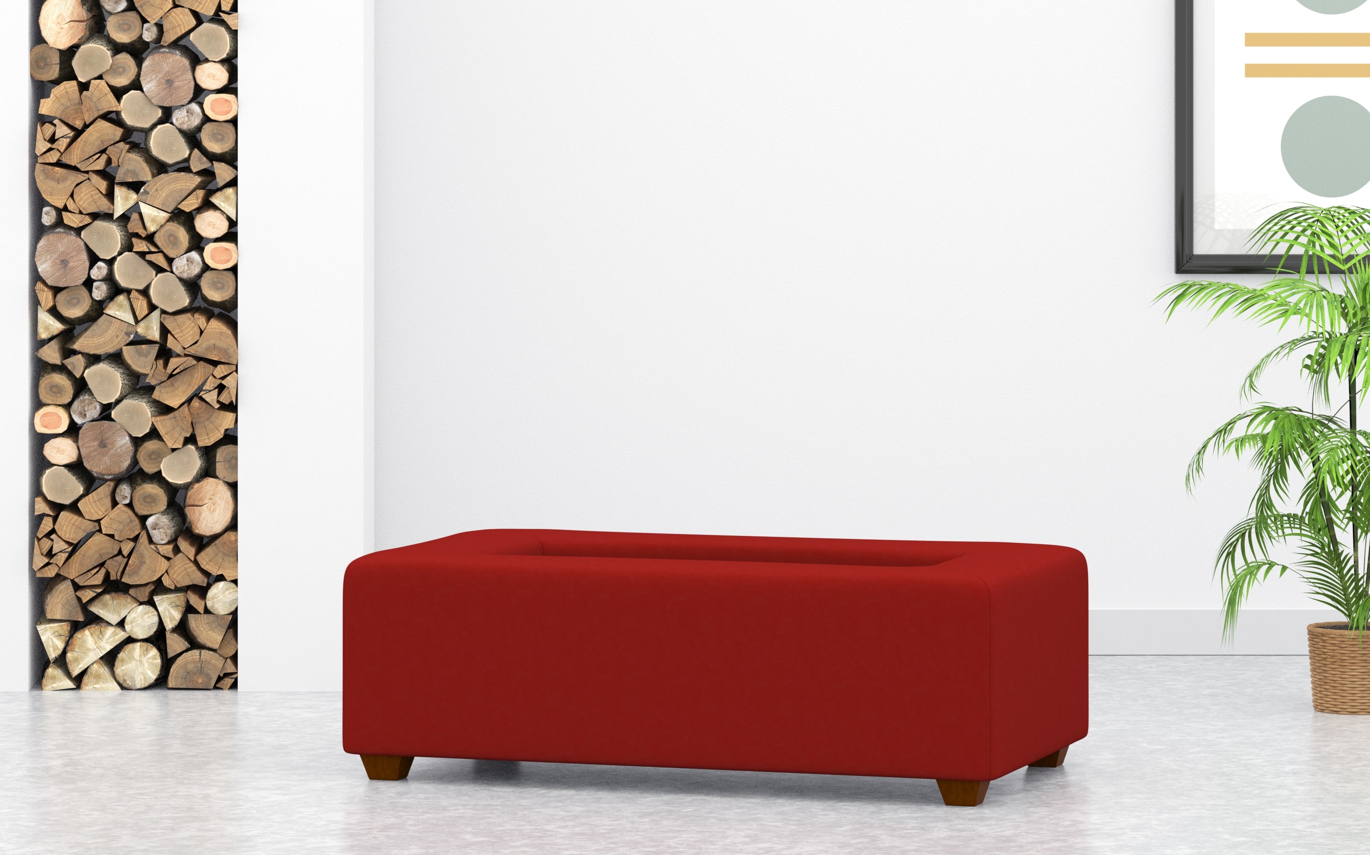 Rectangular Coffee Table Footstool With Built In Tray In Red Velvet
