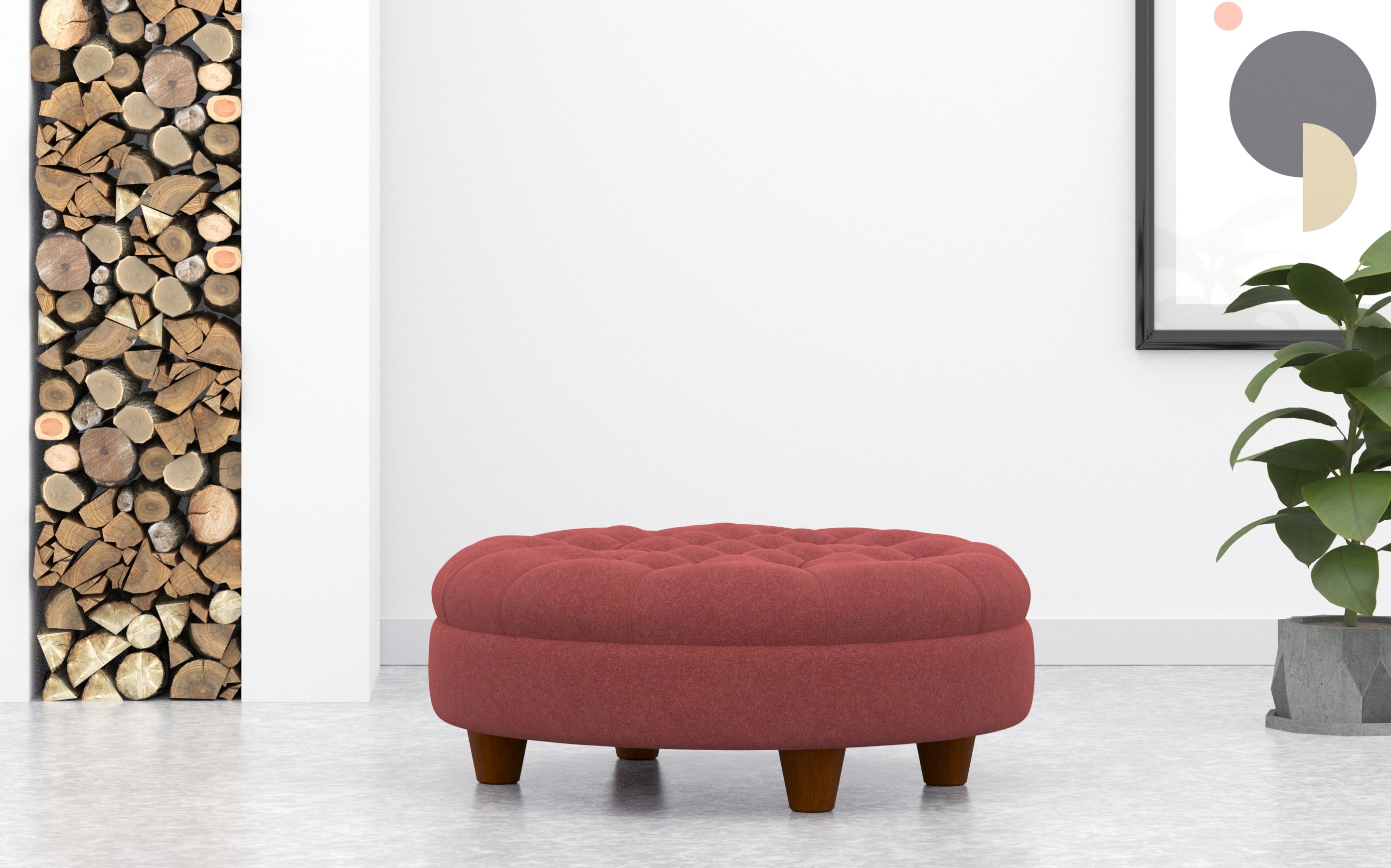Round Deep Buttoned Footstool In Red Wool