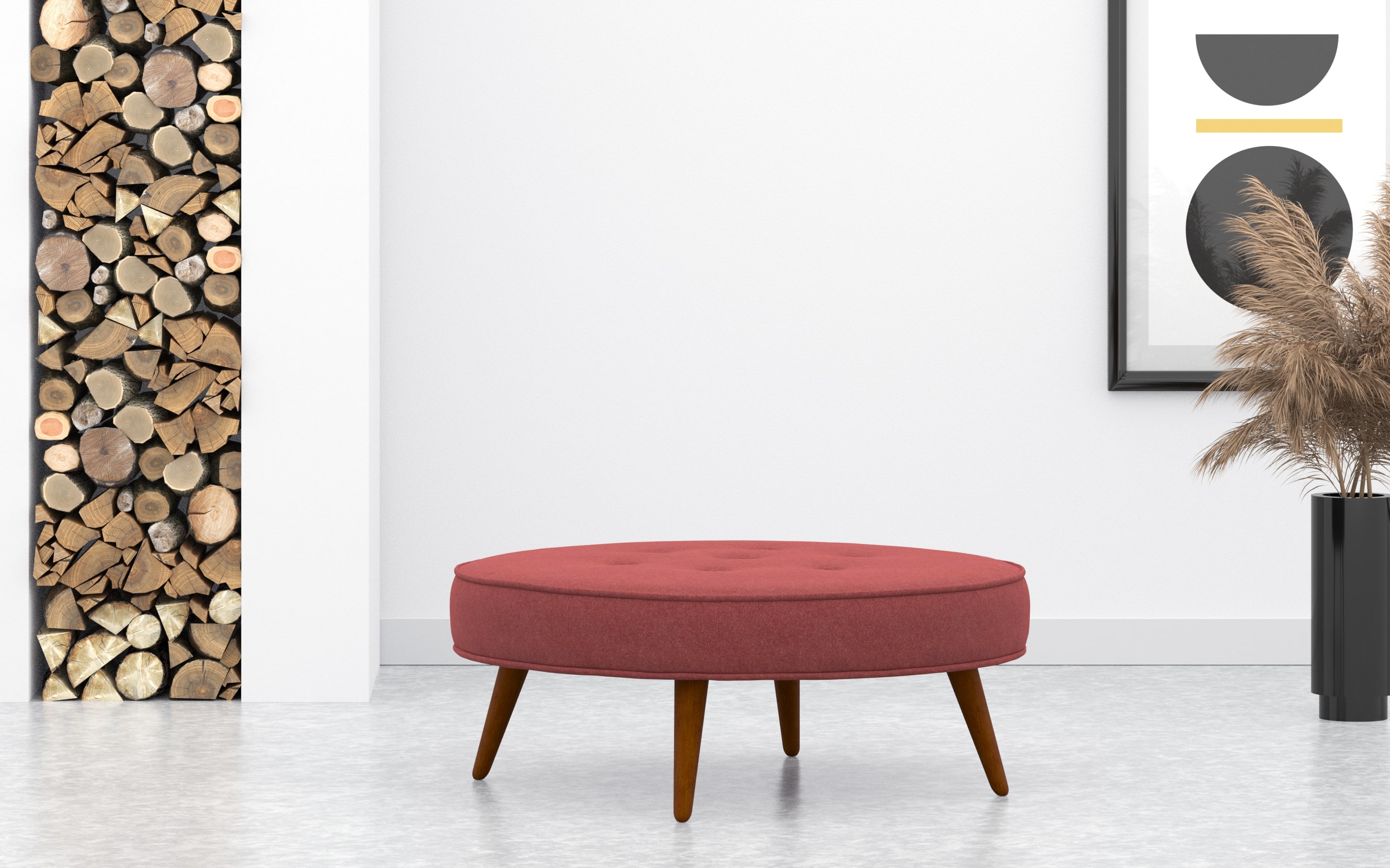Medium Circular Buttoned Footstool In Red Wool