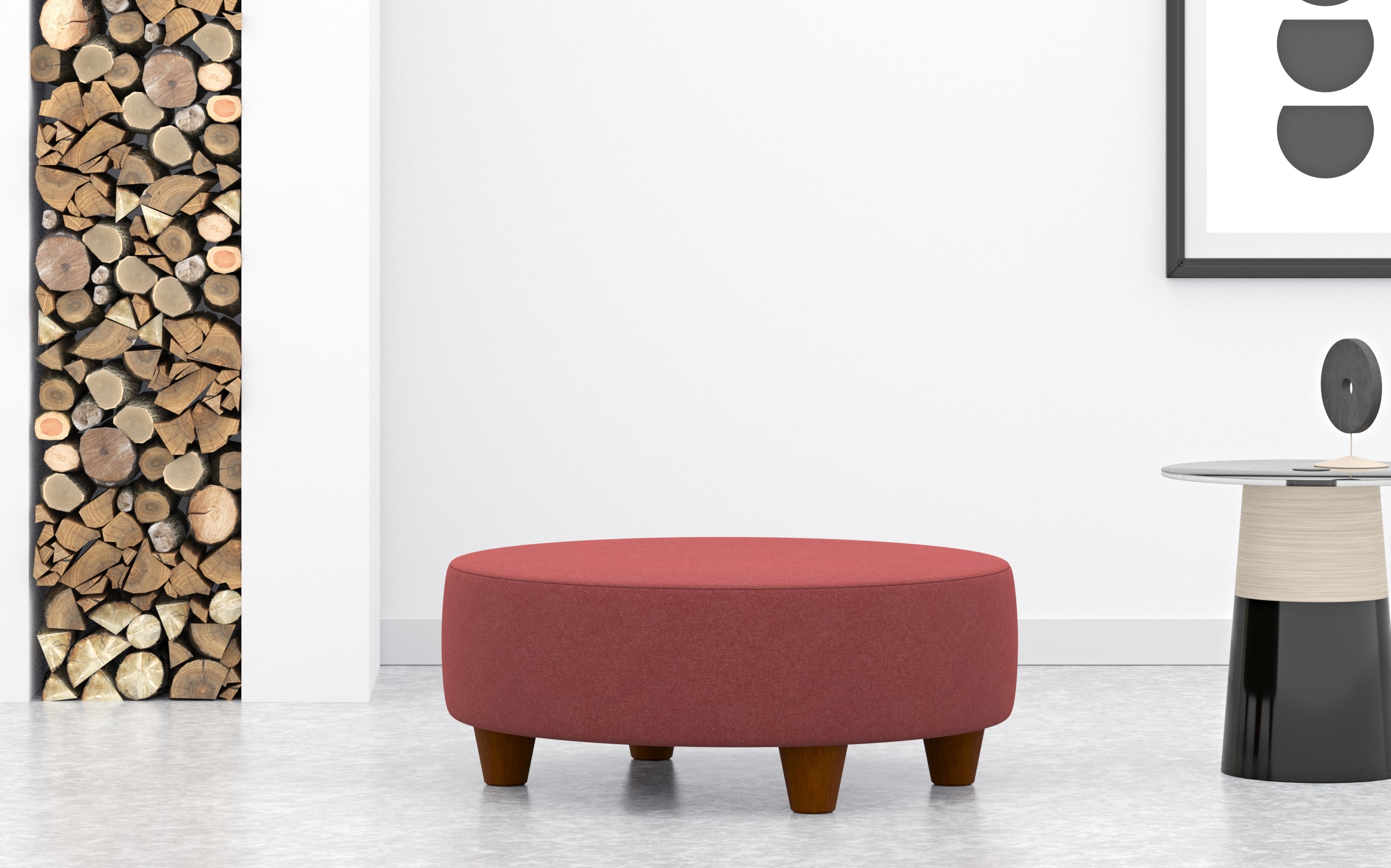 Large Round Footstool In Red Wool Fabric