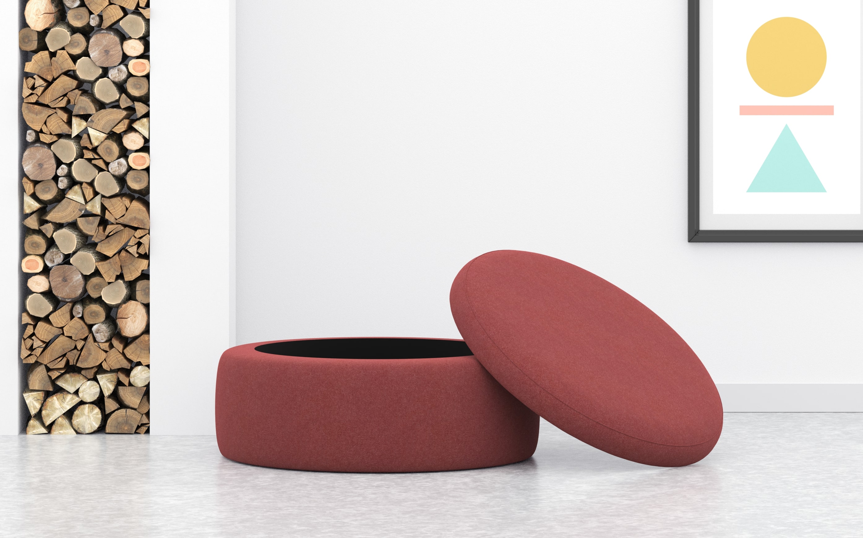 Extra Large Round Footstool With Storage In Red Wool
