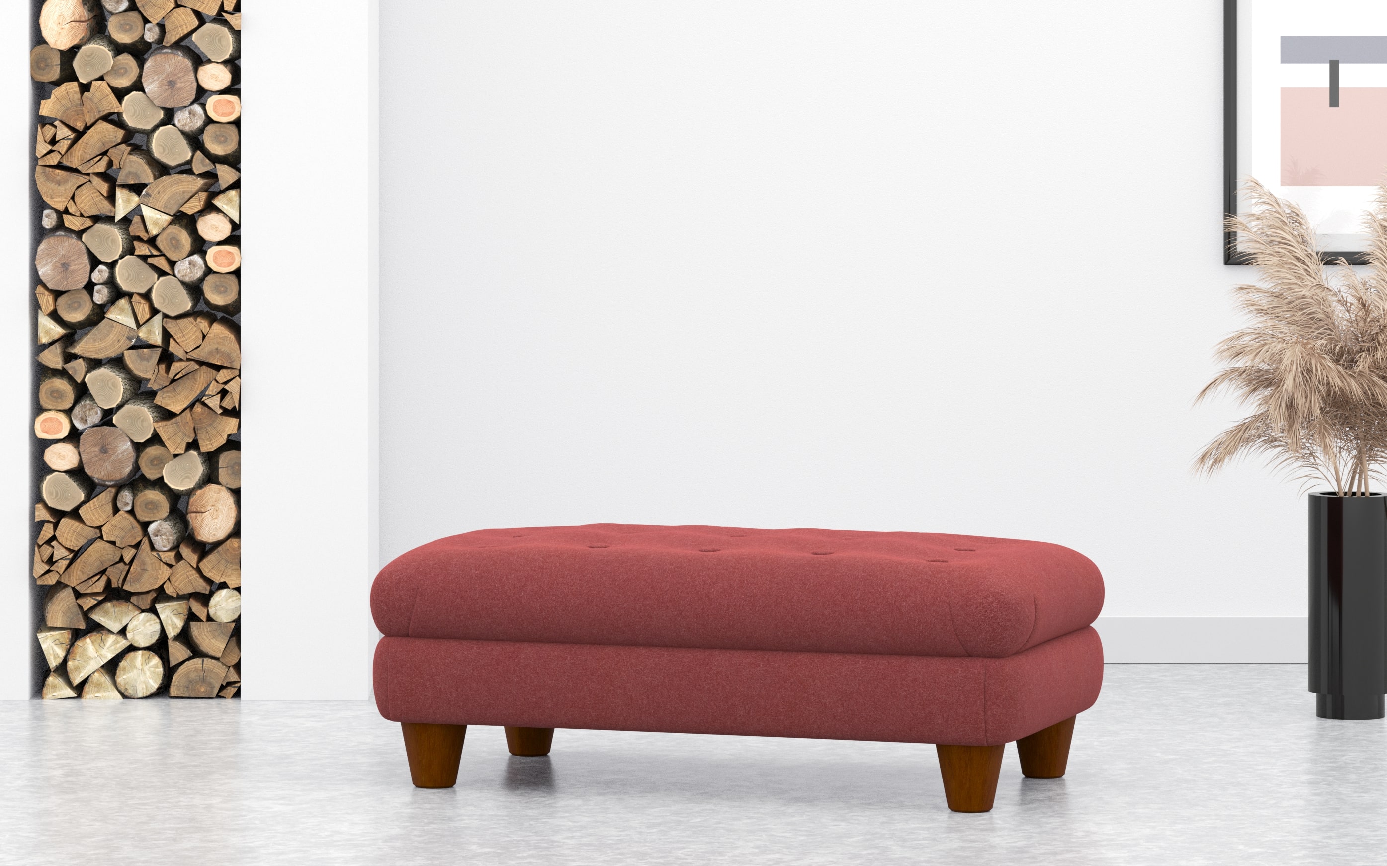 Large Rectangular Button Footstool In Red Wool
