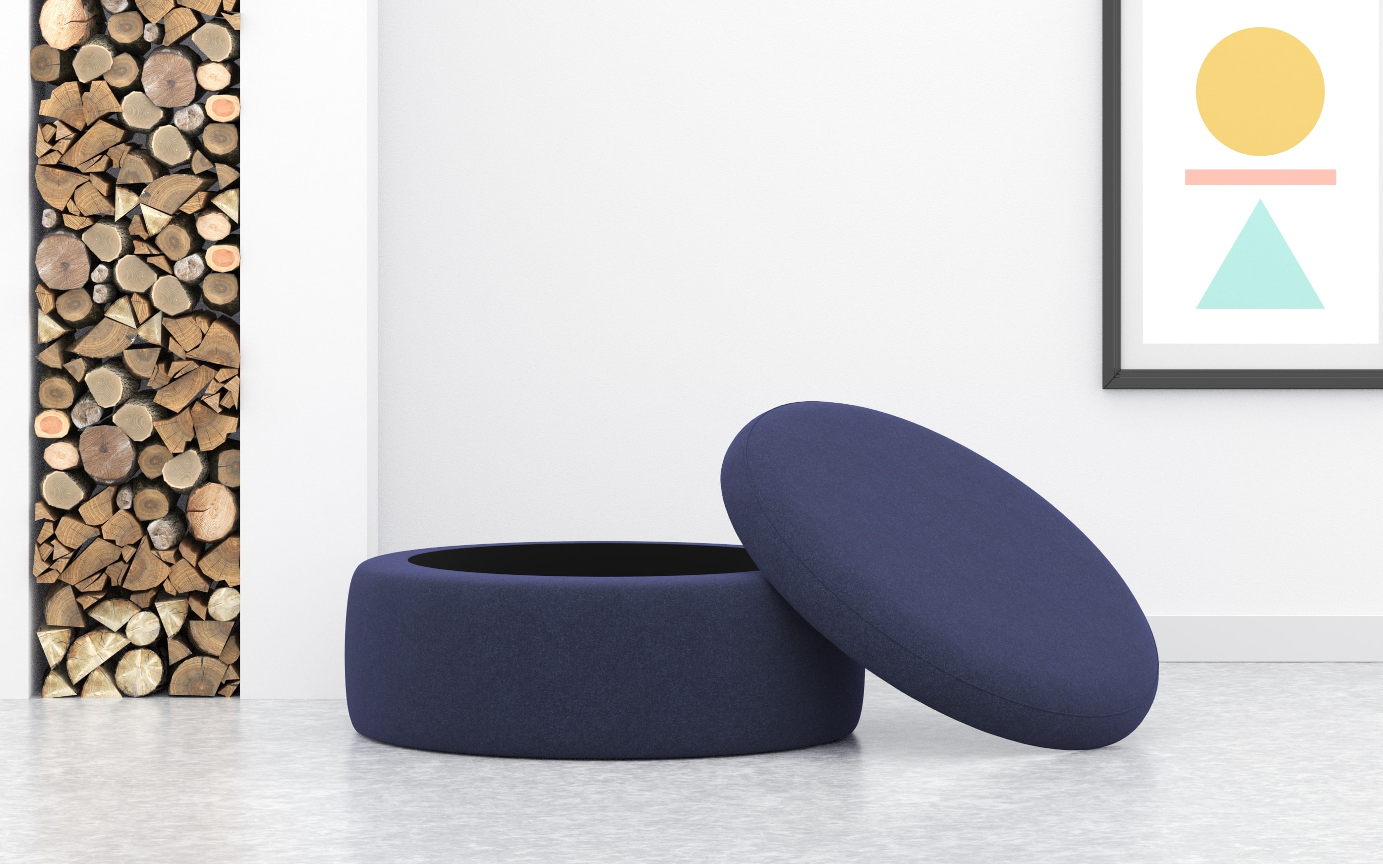 Extra Large Round Footstool With Storage In Sapphire Blue Wool
