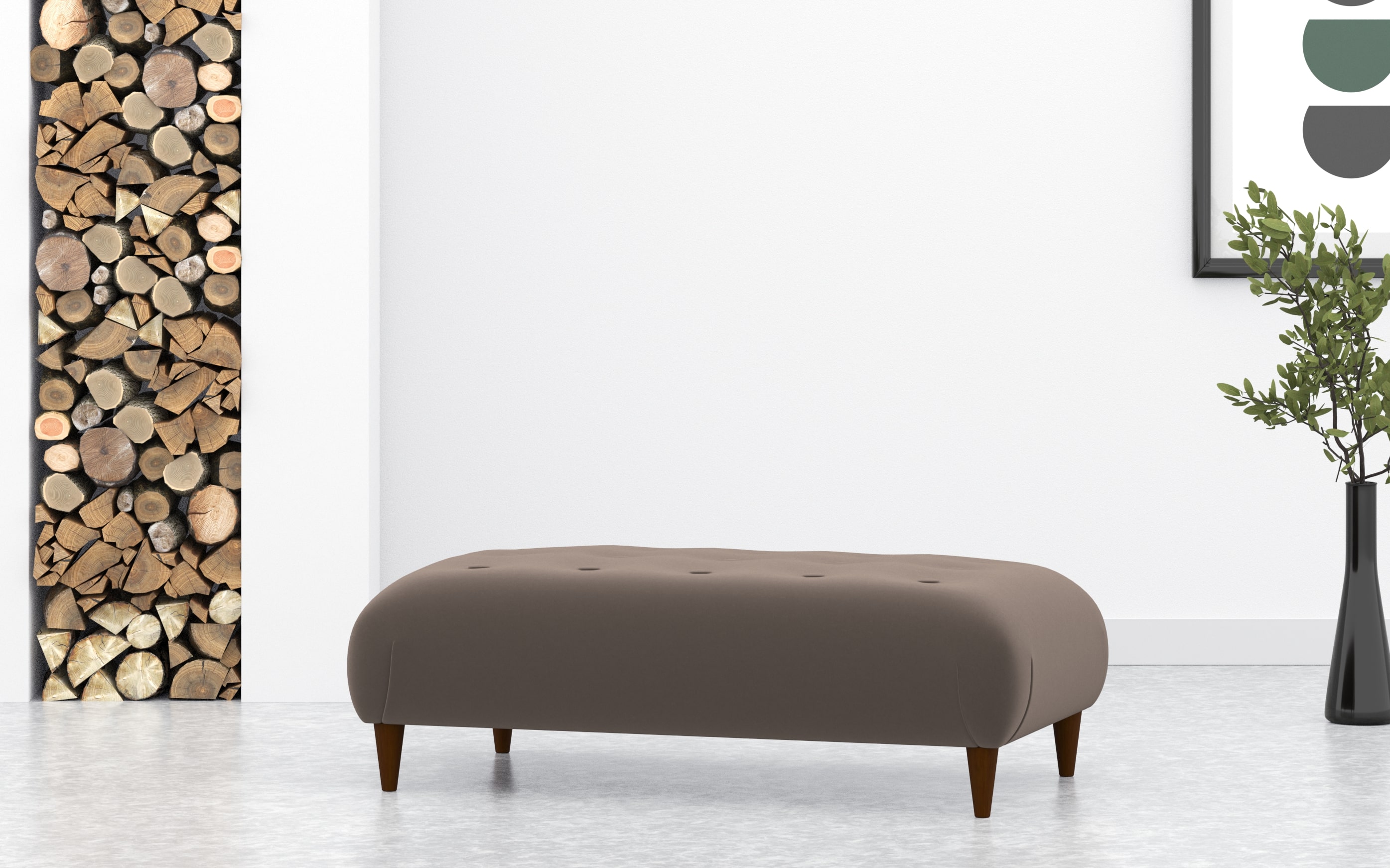 Large Footstool With Buttoned Top In Taupe Velvet