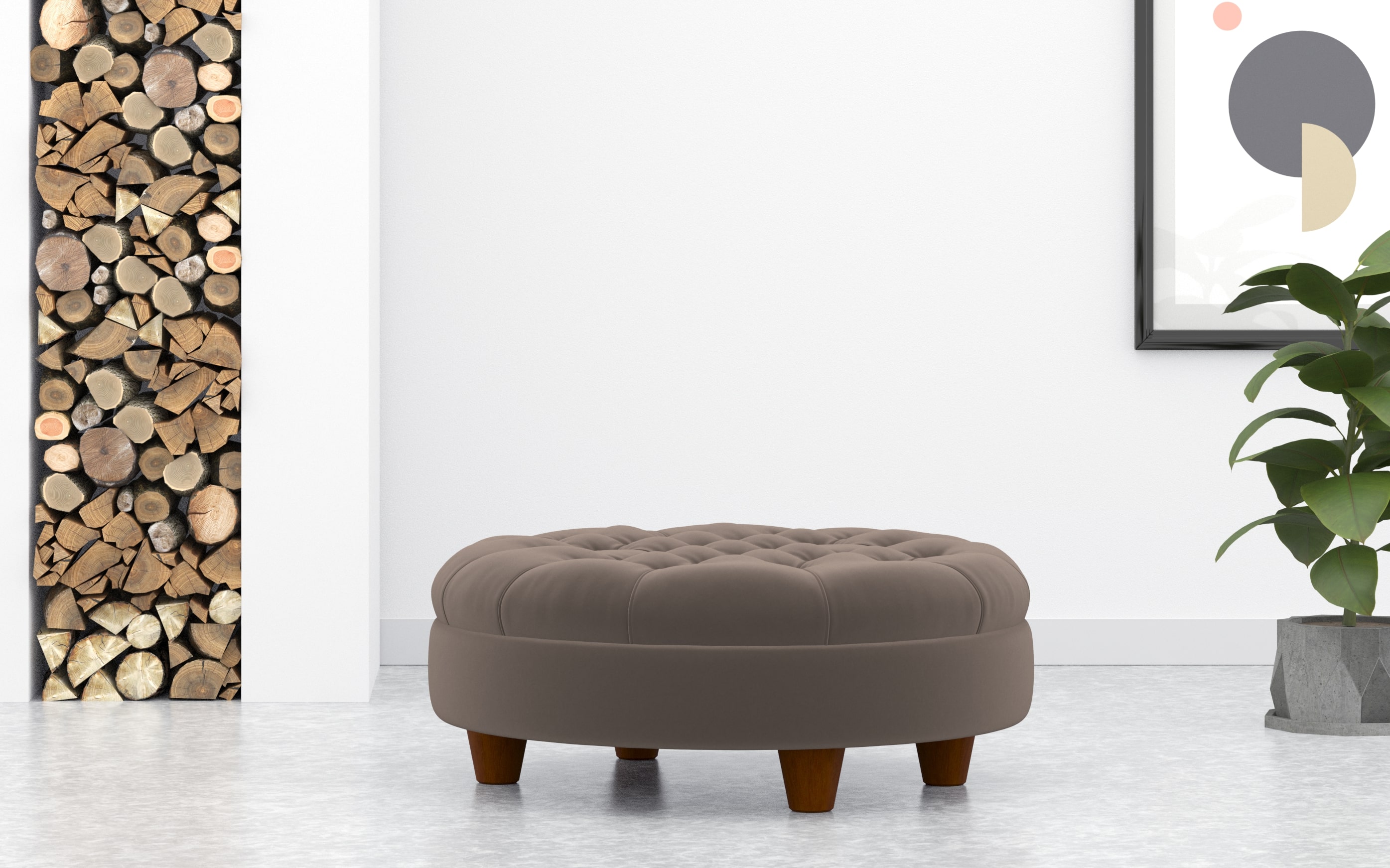 Round Deep Buttoned Footstool In Taupe Velvet