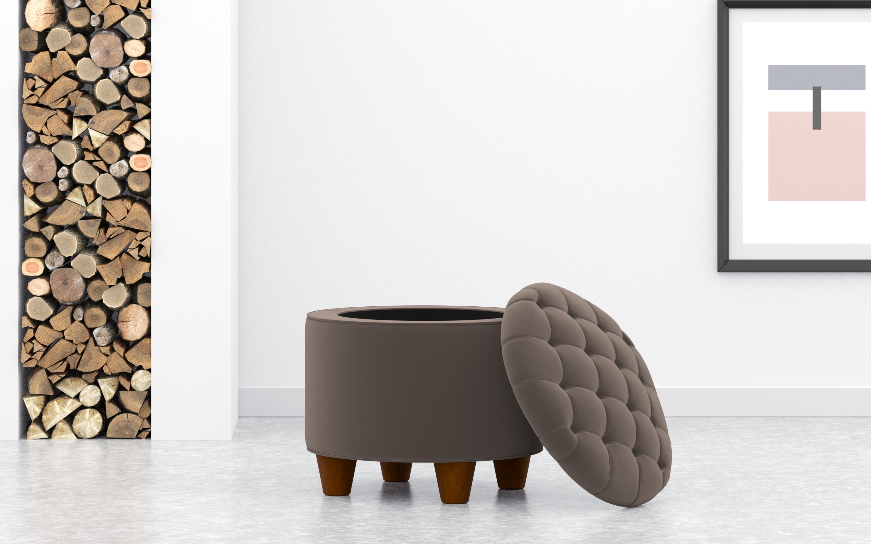 Small Round Storage Ottoman With Button Lid In Taupe Velvet