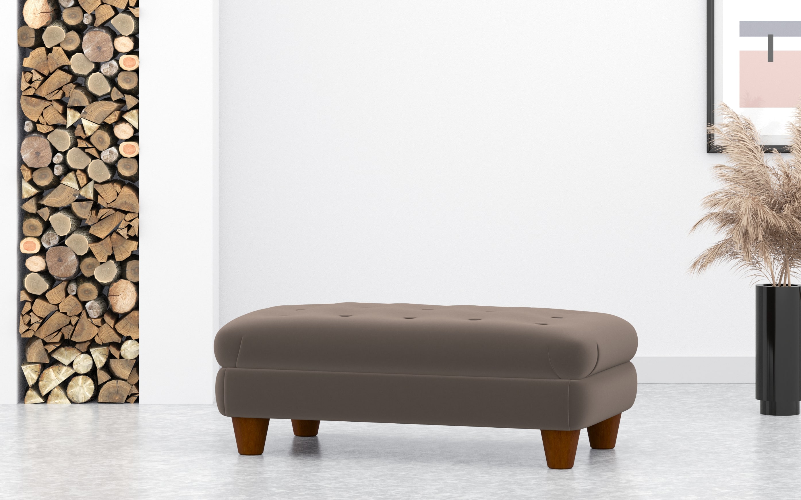 Large Rectangular Footstool With Buttons In Taupe Velvet
